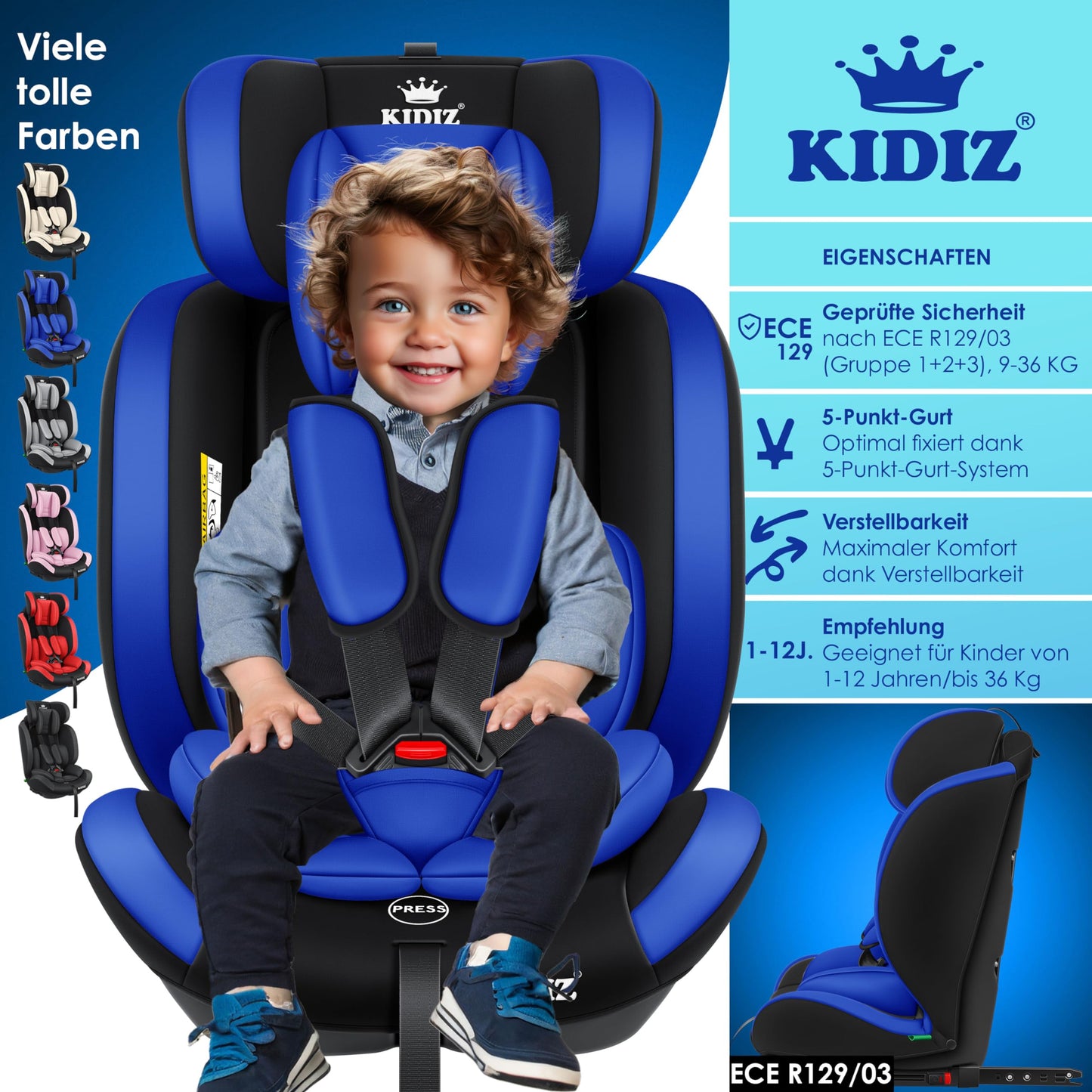 KIDIZ® Autokindersitz Kinderautositz Gruppe 1+2+3 9-36 kg 5-Punkt-Sicherheitsgurt, Autositz, Kindersitz, Einstellbare Kopfstütze, Mitwachsende Sitzerhöhung 1-12 Jahre, Stabil und Sicher