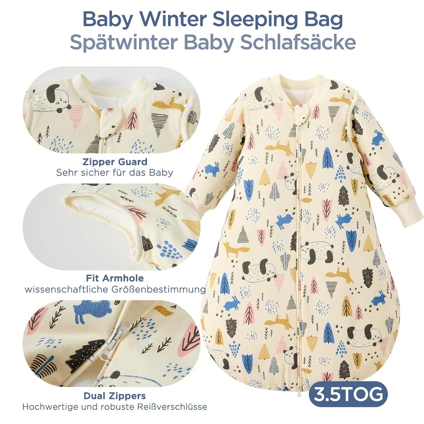 Duomiaomiao 3.5 Tog Baby Sleeping Bag, 100% Cotton Baby Sleeping Bag, Winter, Girls Newborn, Boys Sleeping Bag, Warm Newborn Children (100)