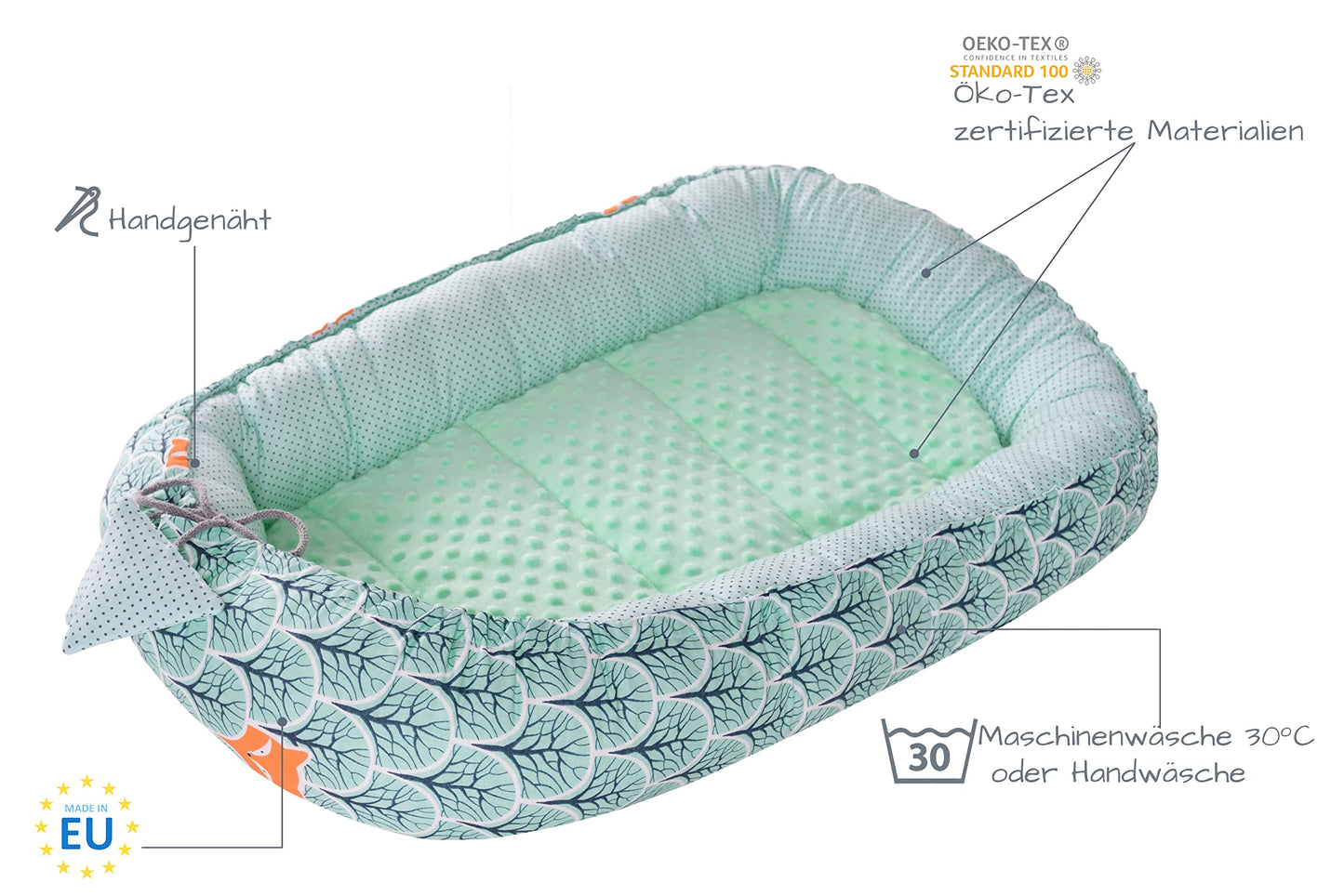 Medi Partners Babynestchen Babynest Set 100x60x15 Kuschelnest 5 teilig herausnehmbarer Einsatz Kokon Nestchen Babys Neugeborene 100% Baumwolle (REH mit Grauem Minky) - Meloni2