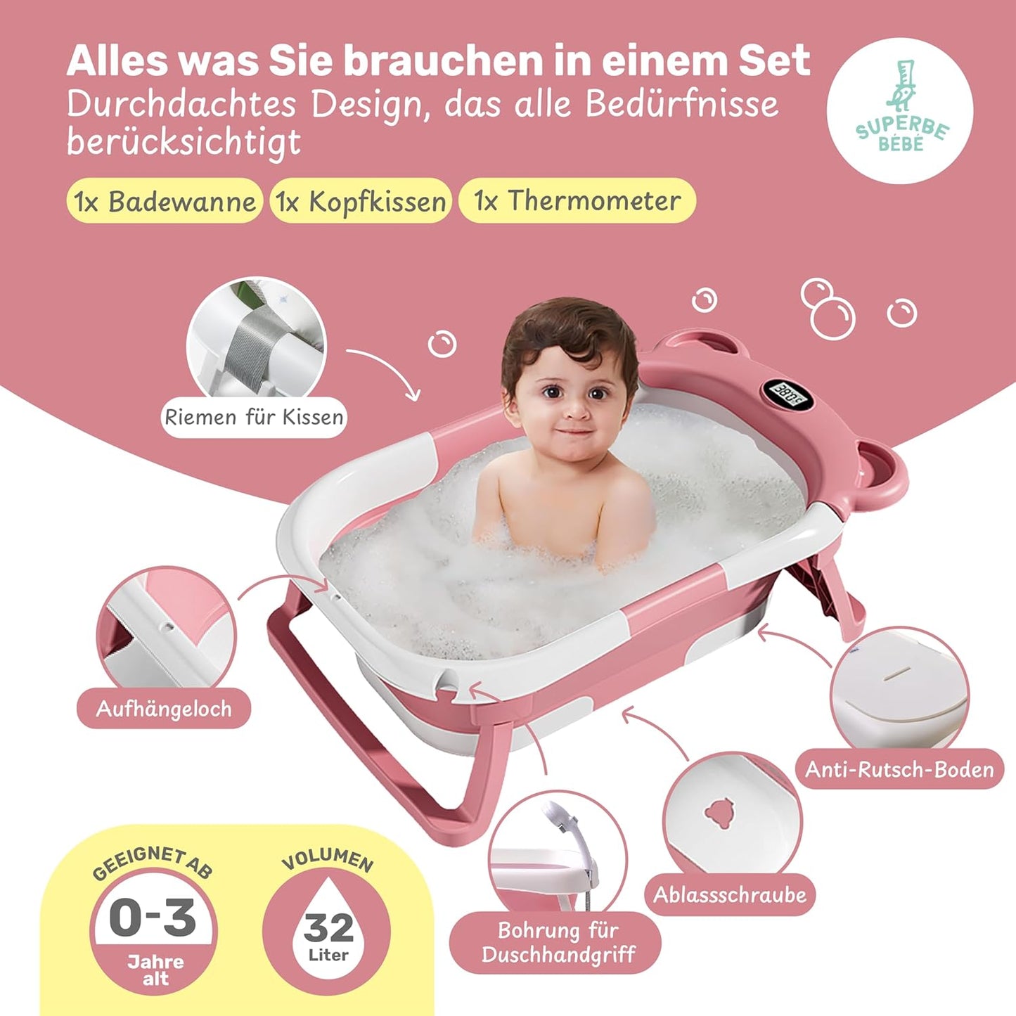 Faltbar Baby Badewanne Mit Rutschfestem Badewannensitz - Babywanne Xxl Mit Badethermometer - Von Der Geburt Bis 3 Jahre - Baby Bathtub - Babygeschenk - Geburtsgeschenke Für Mädchen & Jungen