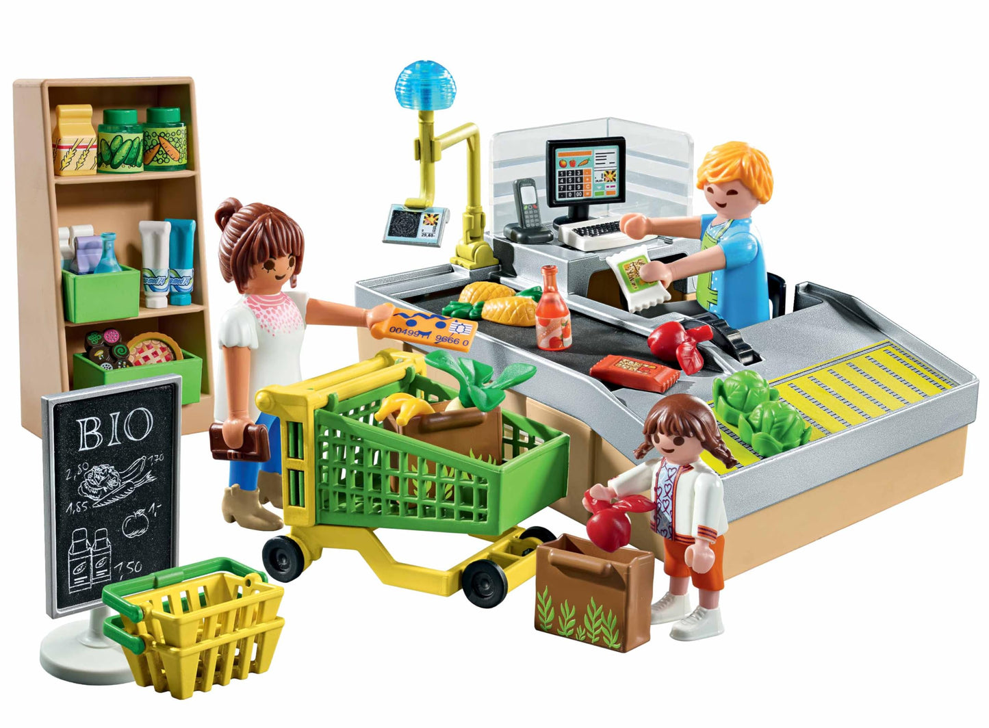 PLAYMOBIL MyLife Promo Pack 71648 Bio-Supermarkt, inklusive Kasse mit Warenlaufband, Einkaufswagen und DREI Figuren, detailreiches Spielzeug für Kinder ab 4 Jahren
