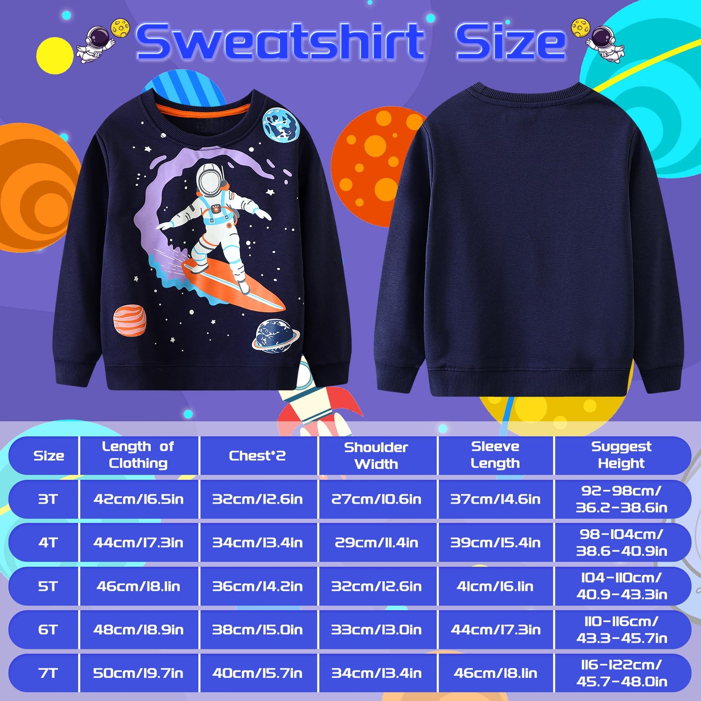 FILOWA Sweatshirt Kinder Junge Leuchtet im Dunkeln Dinosaurier Sweatshirt Astronauten Drucken Pullover Sport Marineblau Langarm Warm Baumwolle Top Jogging Sweatshirt 2-7 Jahre,Gr.92-122