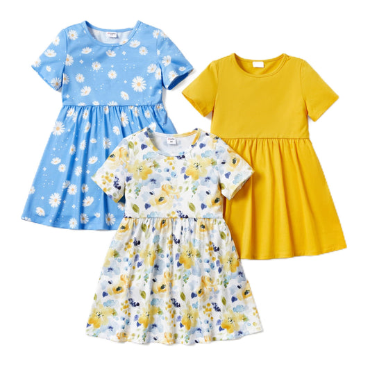 PATPAT Mädchen Kleid Set, Packung mit 3 Sommerkleider mit Kurzen Ärmeln und Rüschen in 3 verschiedenen Prints, Hochzeit Geburtstag Party Bankett Urlaub, Prinzessin Kleider für Mädchen 2-7 Jahre