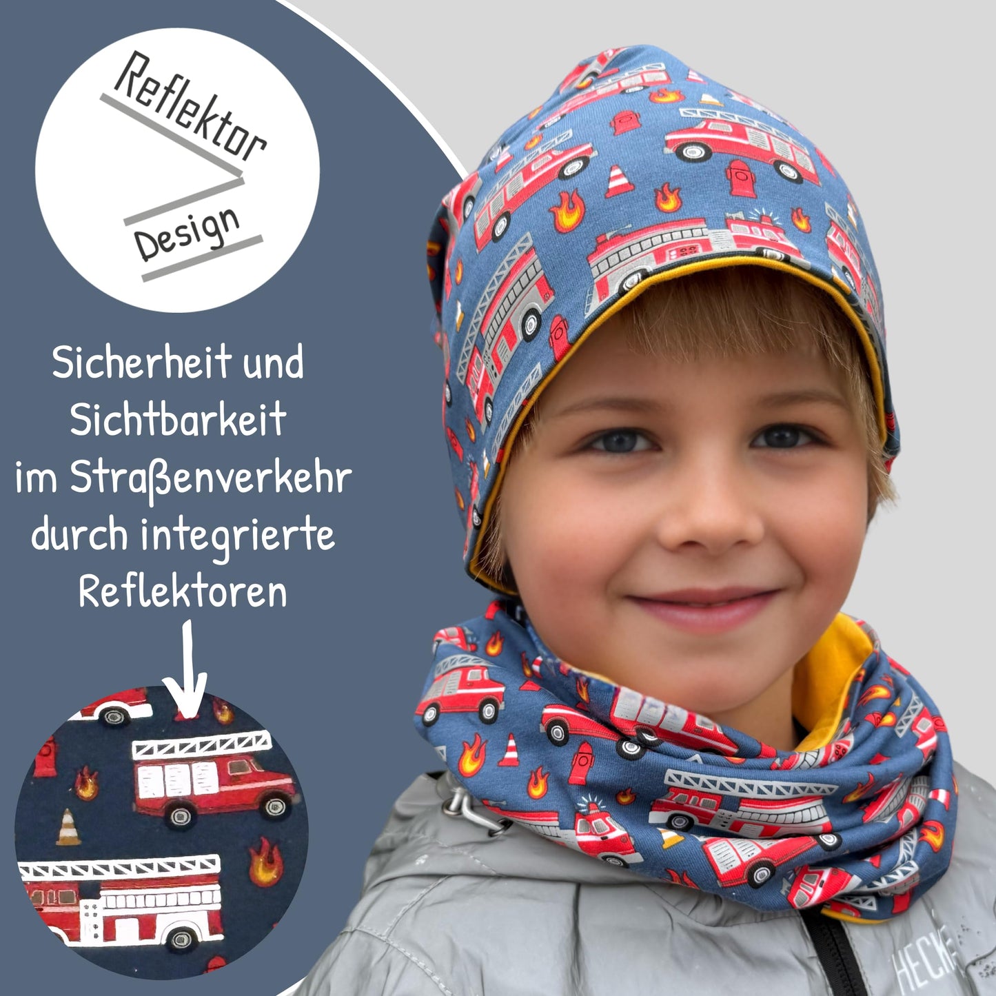 Heckbo 360° Reflector Children's Hat & Loop Scarf Set, Many Designs, 2–8 Years, 95% Cotton, Soft & Easy-Care Stretch Material, for Boys, Girls, Beanie for Spring, Summer, Autumn, Winter