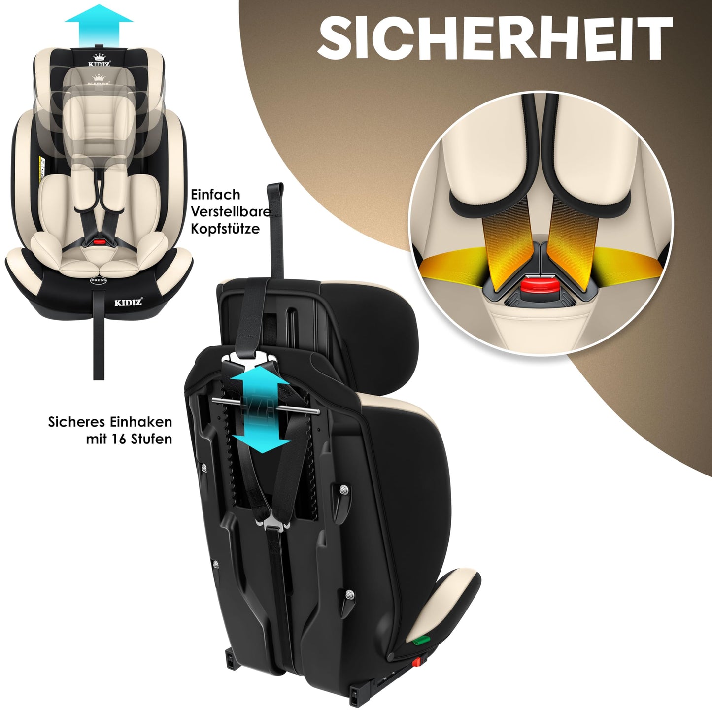 KIDIZ® Autokindersitz Kinderautositz Gruppe 1+2+3 9-36 kg 5-Punkt-Sicherheitsgurt, Autositz, Kindersitz, Einstellbare Kopfstütze, Mitwachsende Sitzerhöhung 1-12 Jahre, Stabil und Sicher