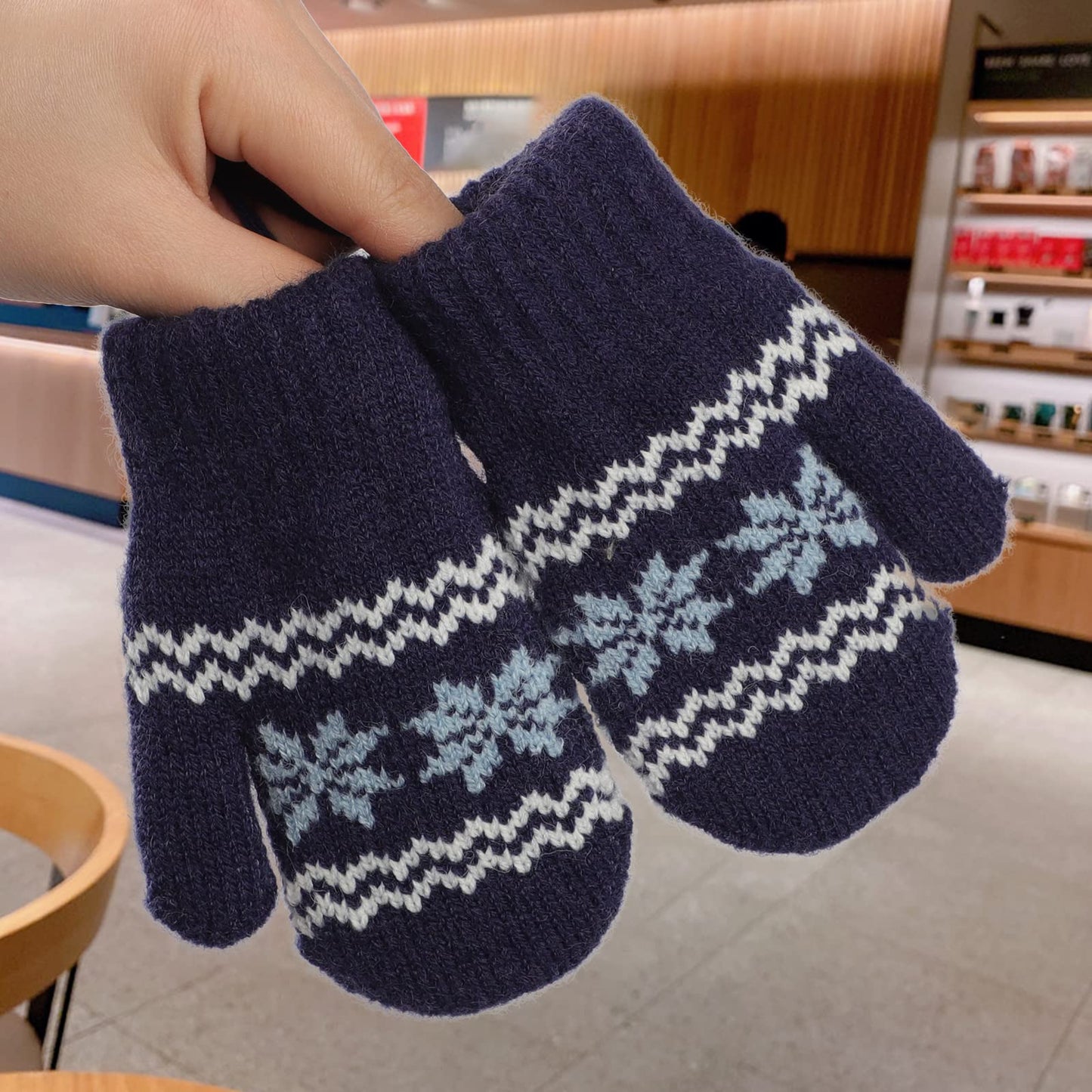 Kids Winter Gloves Mittens Baby Cartoon Mitten Neck Gloves Thick Double Knitted Glove with Plush,0 - 3 years old, Playing, Running, Skiing