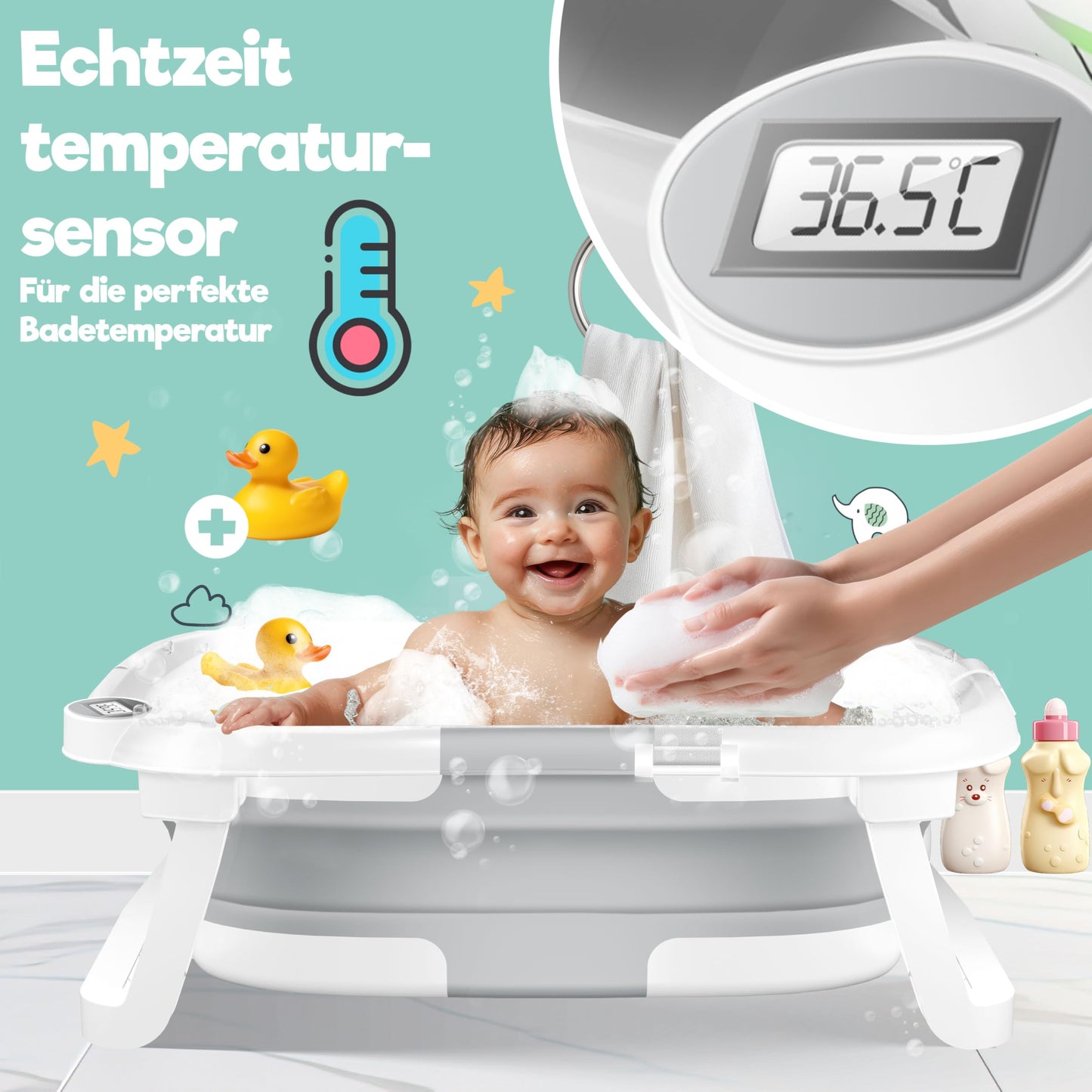 KIDIZ® Baby Bathtub, Baby Bathtub, Space-Saving & Foldable, Bath Tub, Shower Tray for Newborns, Toddlers, 0-24 Months, Portable Travel Shower for Babies, Ergonomic Bathtub with Thermostat and