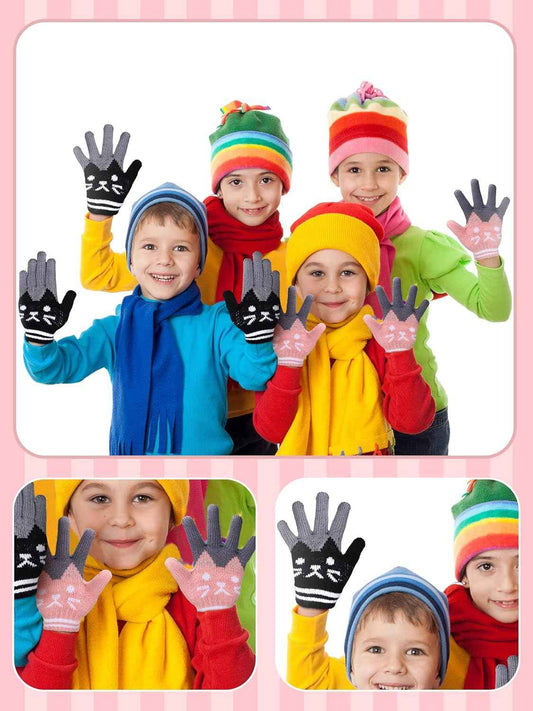 SATINIOR 2 Paar Winter Kinder Handschuhe Katze Fäustlinge Warme Gestrickte Handschuhe für 6-12 Jahre, Schwarz und Rosa