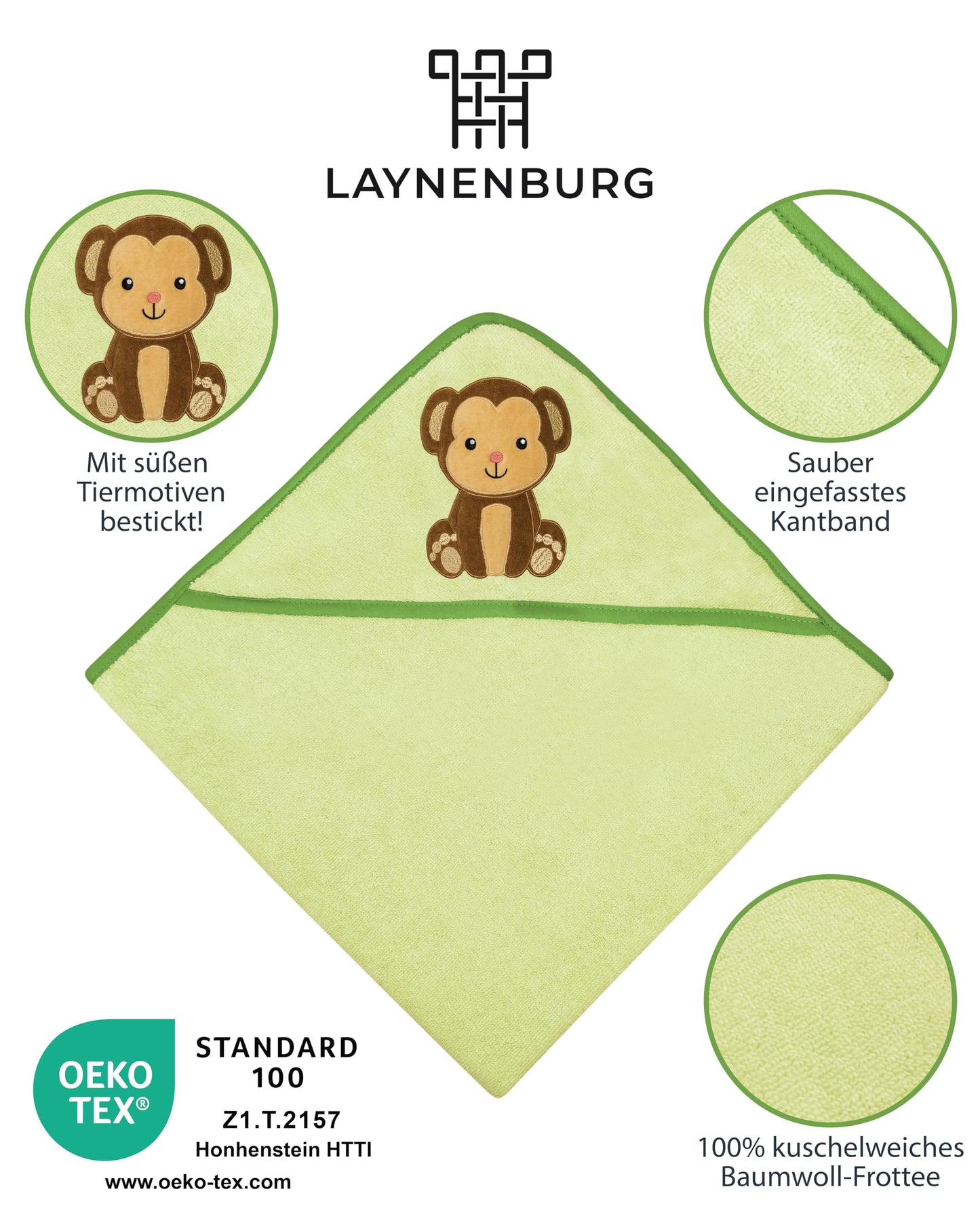 LAYNENBURG Premium Kapuzenhandtuch Baby - Badehandtuch aus 100% Baumwolle - Oeko TEX - Handtuch mit Kapuze für Neugeborene & Kinder - Badetuch, Babyhandtuch Mädchen, Jungen (Waschbär 80 x 80cm)