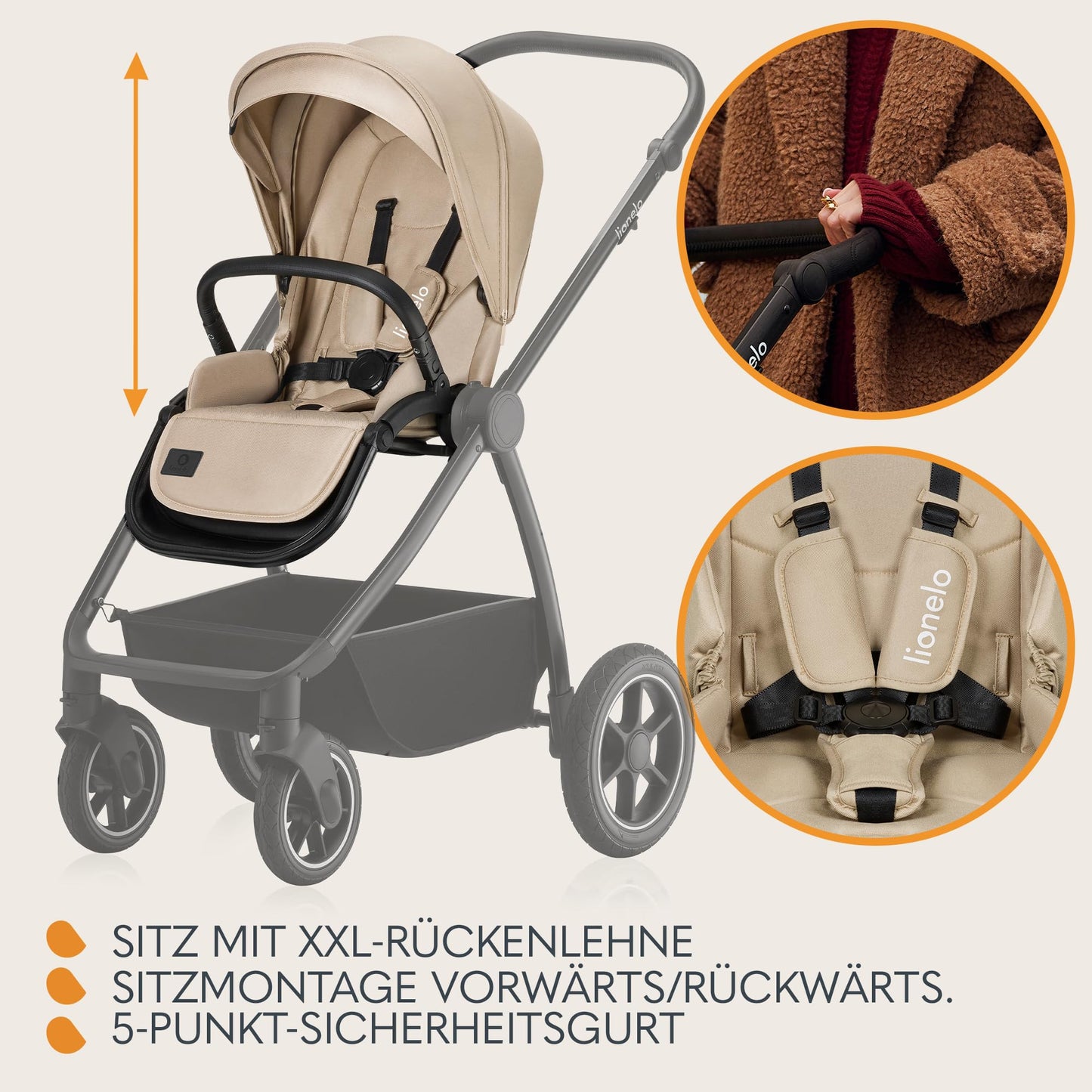 LIONELO MERIL 3-in-1 Multifunktionaler Kinderwagen 0-48 Monate Bis zu 22 kg, Babywanne bis zu 9 kg, Kindersitz bis zu 13 kg, Geländeräder 360°, Vollfederung, XXL-Verdeck mit UPF50+ - Meloni2