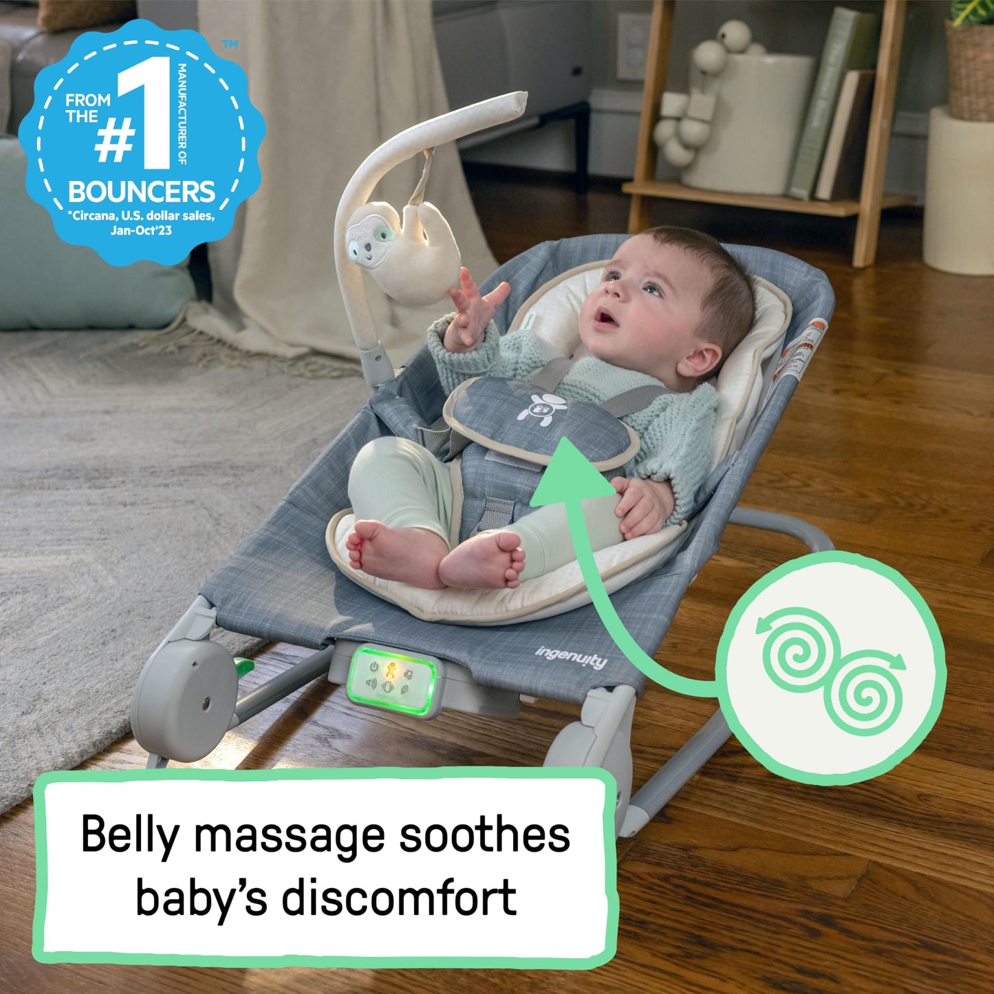Ingenuity, Cuddle Lamb Babywippe Babyschaukel mit Schaukelfunktion und Vibrationen, Spielbogen mit 2 Plüsch Spielzeug, Musik, 4 Naturgeräuschen und Lautstärkeregler, ab Geburt bis 18 kg