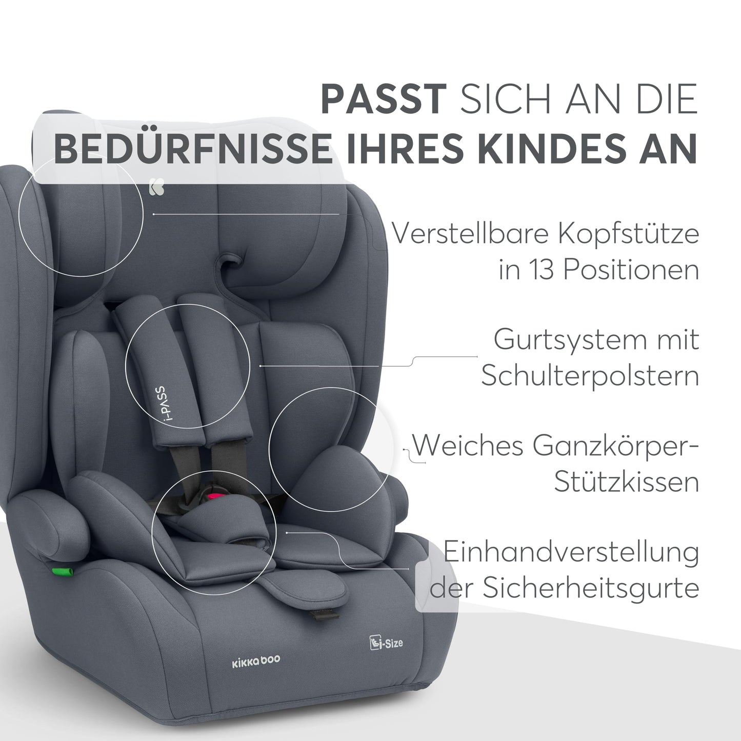 KikkaBoo i-Pass, Kindersitz 9–36 kg, Gruppe 1/2/3 Auto Kindersitz für Kinder 76–150 cm (15 Monate – 12 Jahre), i-Size, 13-fach verstellbare Kopfstütze, Schwarz - Meloni2