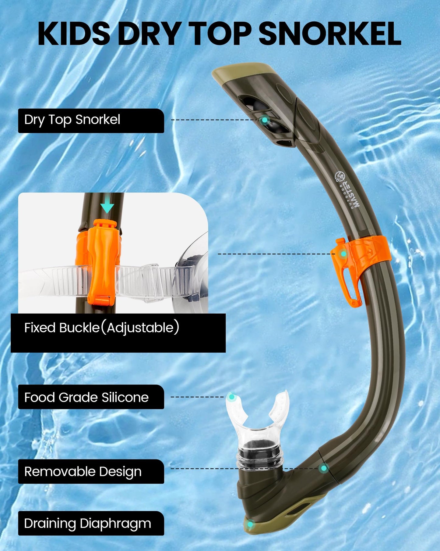 OutdoorMaster Marlin Children's Snorkel Set, Adjustable Strap, Dry Top Diving Mask, Anti-Fog Snorkel Mask, Children's Swimming Goggles for Boys and Girls, Age 4-14