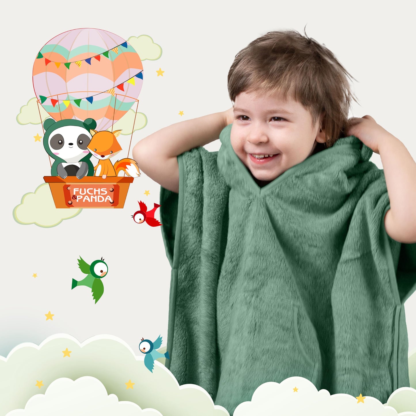 Fuchs&Panda® Badeponcho Kinder EXTRA warm, weich & kuschelig (100% Bambus) | Badeponcho Baby | Handtuch Poncho Kinder mit toller Geschenkverpackung (Kupfer-grün)