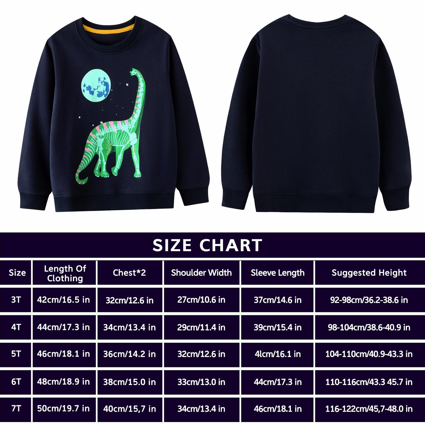 FILOWA Sweatshirt Kinder Junge Leuchtet im Dunkeln Dinosaurier Sweatshirt Astronauten Drucken Pullover Sport Marineblau Langarm Warm Baumwolle Top Jogging Sweatshirt 2-7 Jahre,Gr.92-122