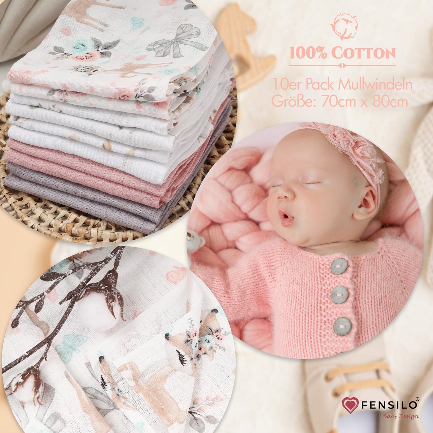 FENSILO - Mulltücher - Mullwindeln - 10er Pack 70x80 cm - Stoffwindeln, Made IN EU, schadstoffgeprüft - Spucktücher Set für Mädchen – Baby Mullwindeln- Rosa - Oeko-TEX Zertifiziert
