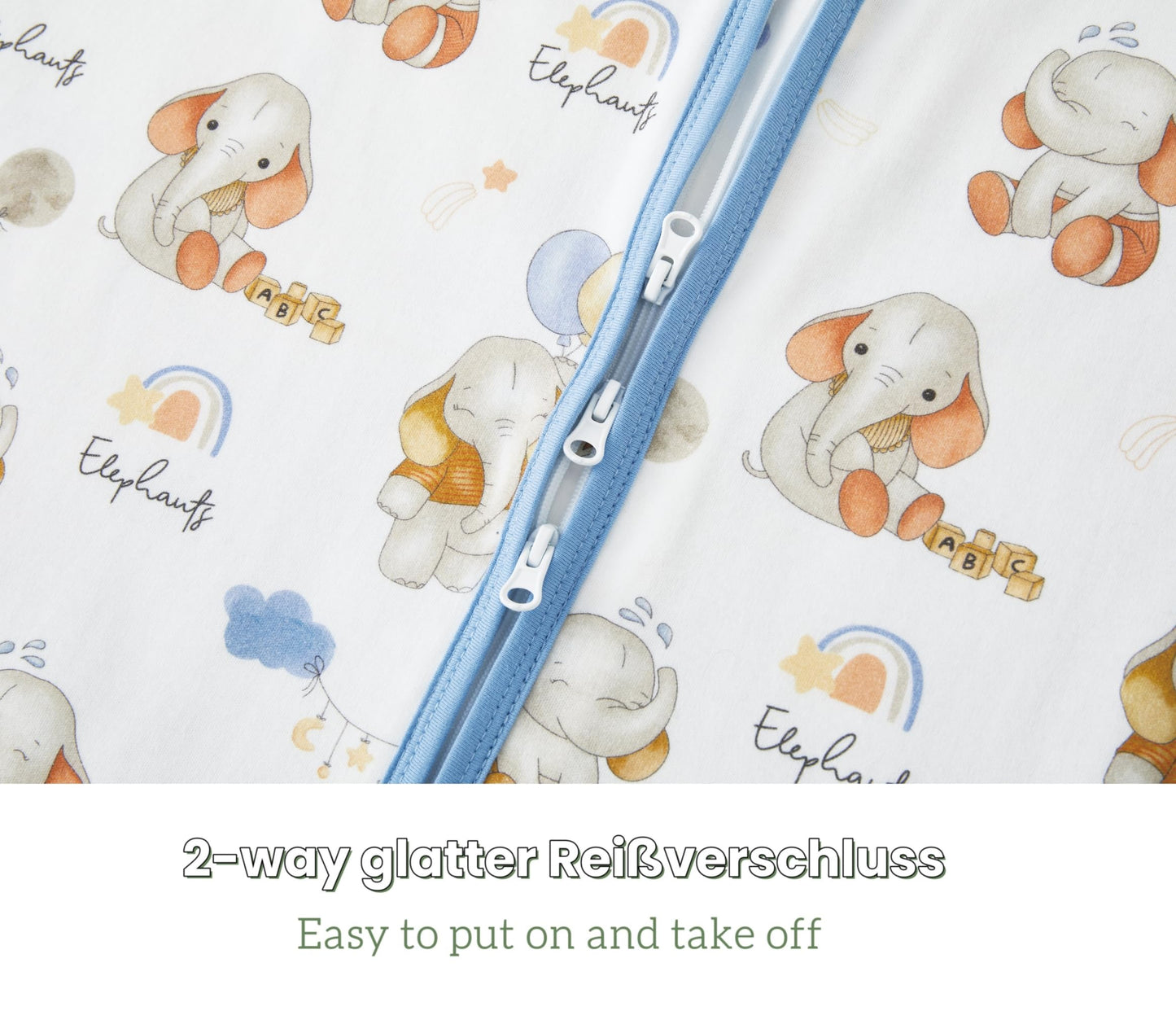Chilsuessy Children's Sleeping Bag 1.5 Tog Pack of 2 Baby Sleeping Bag Made of 100% Cotton, Baby All-Year Sleeping Bag Pyjamas for Boys and Girls, 1.5 Tog/Elephant Lion + Green, 110 cm / Baby Height