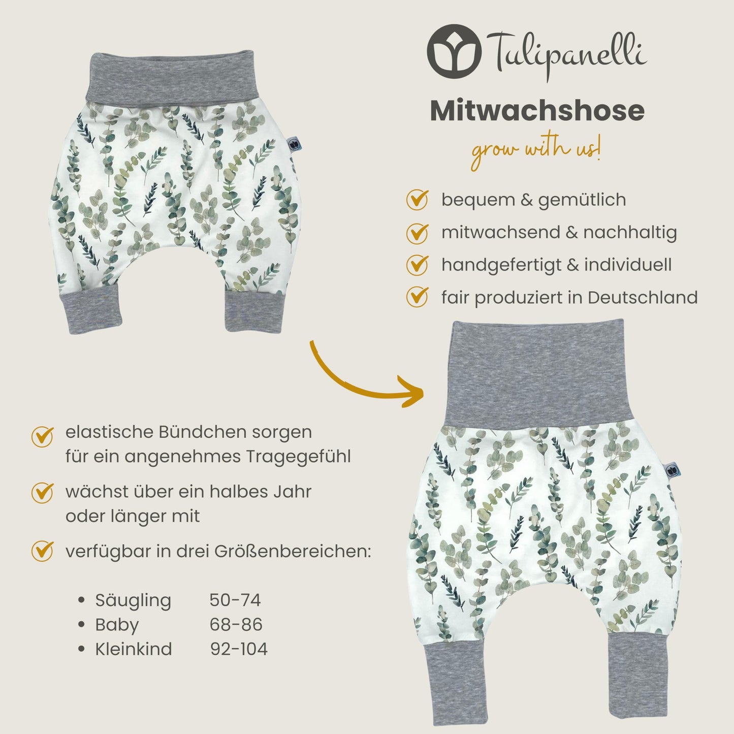 Baby Baggy Trousers, Girls' Handmade Cotton Jersey Grow Trousers, Sizes 50-74, 68-86, 92-104 (Wild Flowers, 50-74)