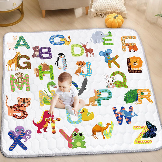 Funsland Krabbelteppich für Baby, Rutschfeste Baby Spielmatte Schadstofffrei 127x127cm, Baumwolle Tier Krabbelmatte Baby Faltbar mit Einem Höhenlineal, Kinder Spielmatte für Innen/Außen/Zaun