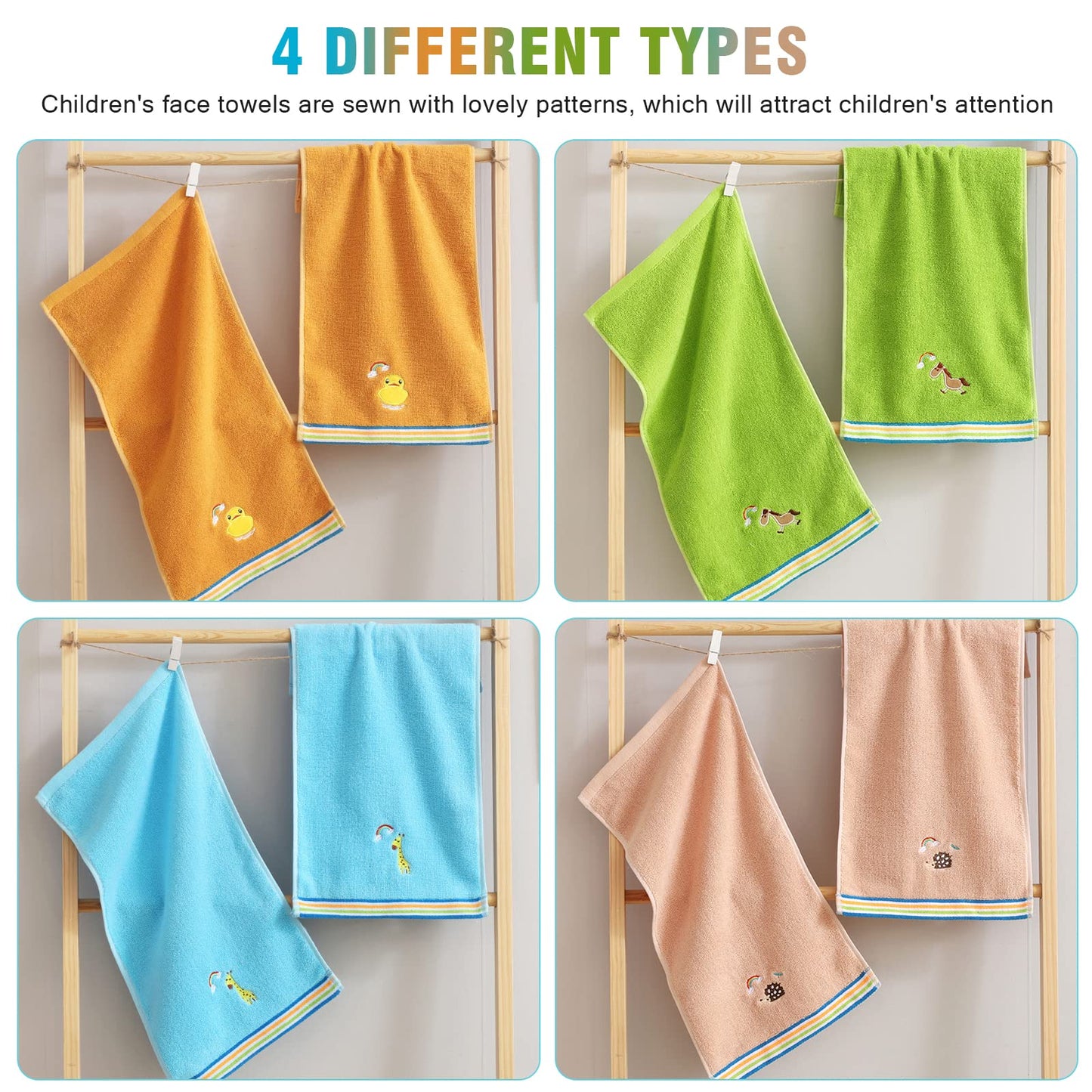 Guaksxi Pack of 4 Face Cloths Children's Towels Soft 4 Colours Children's Bath Towels 100% Cotton Face Towels Baby Bath Towel for Children (25 x 50 cm, Colourful Animal)