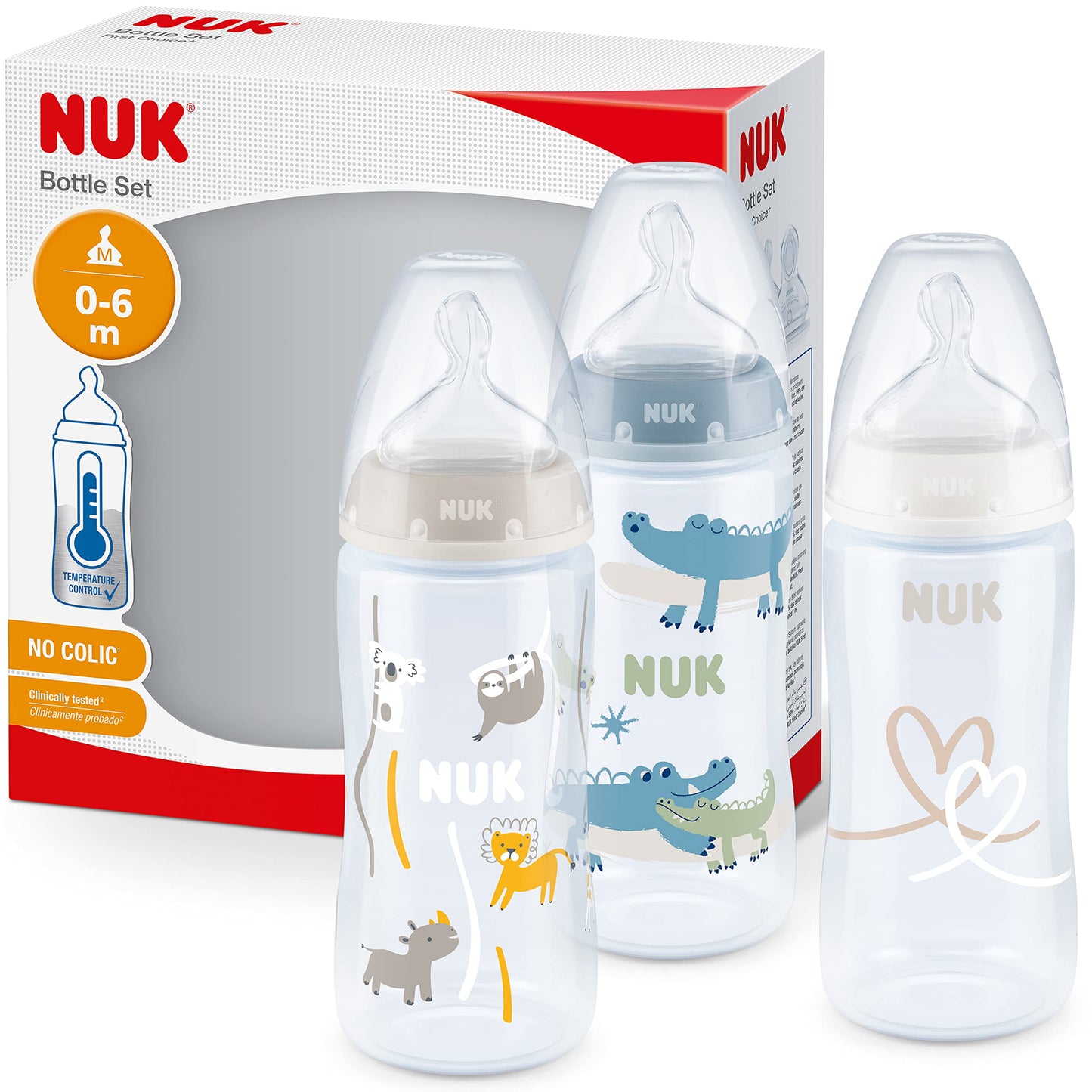 NUK Perfect Match Babyflaschenset | Ab 3 Monate | Passt sich dem Baby an | Temperature Control | Anti-Colic | 260 ml | BPA-frei | Silikontrinksauger, Medium | Regenbogen und Herz | 3 Stück - Meloni2