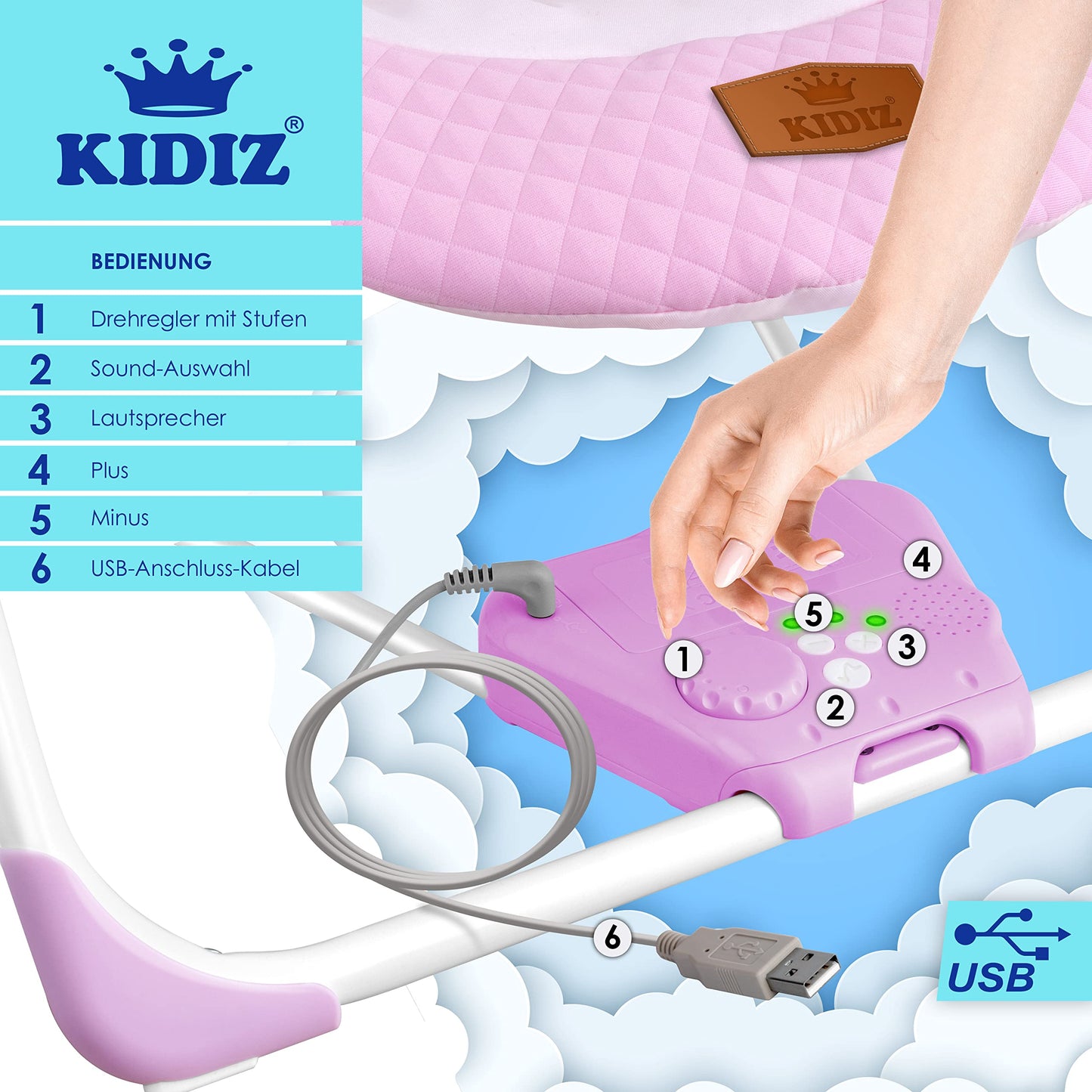 KIDIZ® Baby Rocker Baby Swing with 5 Speed Settings Foldable Baby Rocker Swing Baby High Chair with Play Arch Toys 5 Soothing Natural Sounds Newborn Anthracite