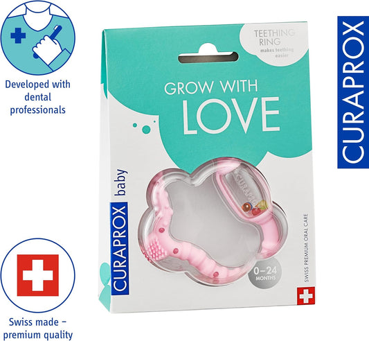 CURAPROX Baby Teether Pink Baby Teether with Rattle Baby Teether with Learning Toothbrush, Teether for Babies for Teething BPA-Free, Pink, 1 Piece