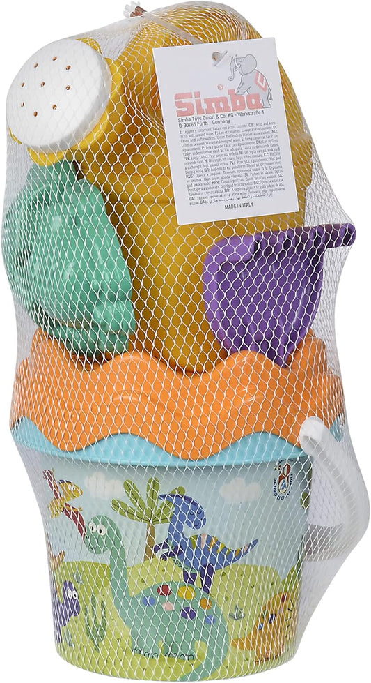 Dino Baby Eimergarnitur, Sandspielzeug, 6 Teile, Eimer, Sieb, Sandform, Schaufel, Rechen, Gießer, 11cm, D:14cm, ab 10 Monate