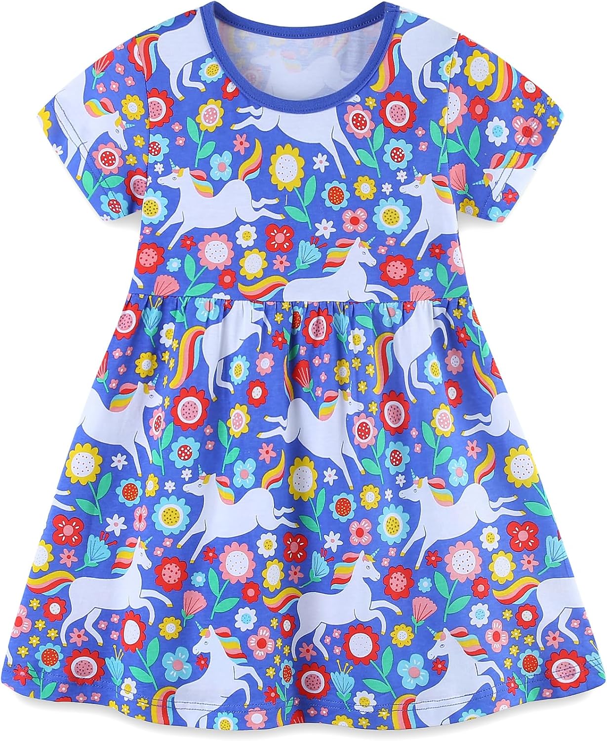 TEDD Mädchen Kleider Kurzarm Einhorn Blumen Sommerkleid Baumwolle Kleid Geburtstag Party Mädchenkleid Gr. 92-122