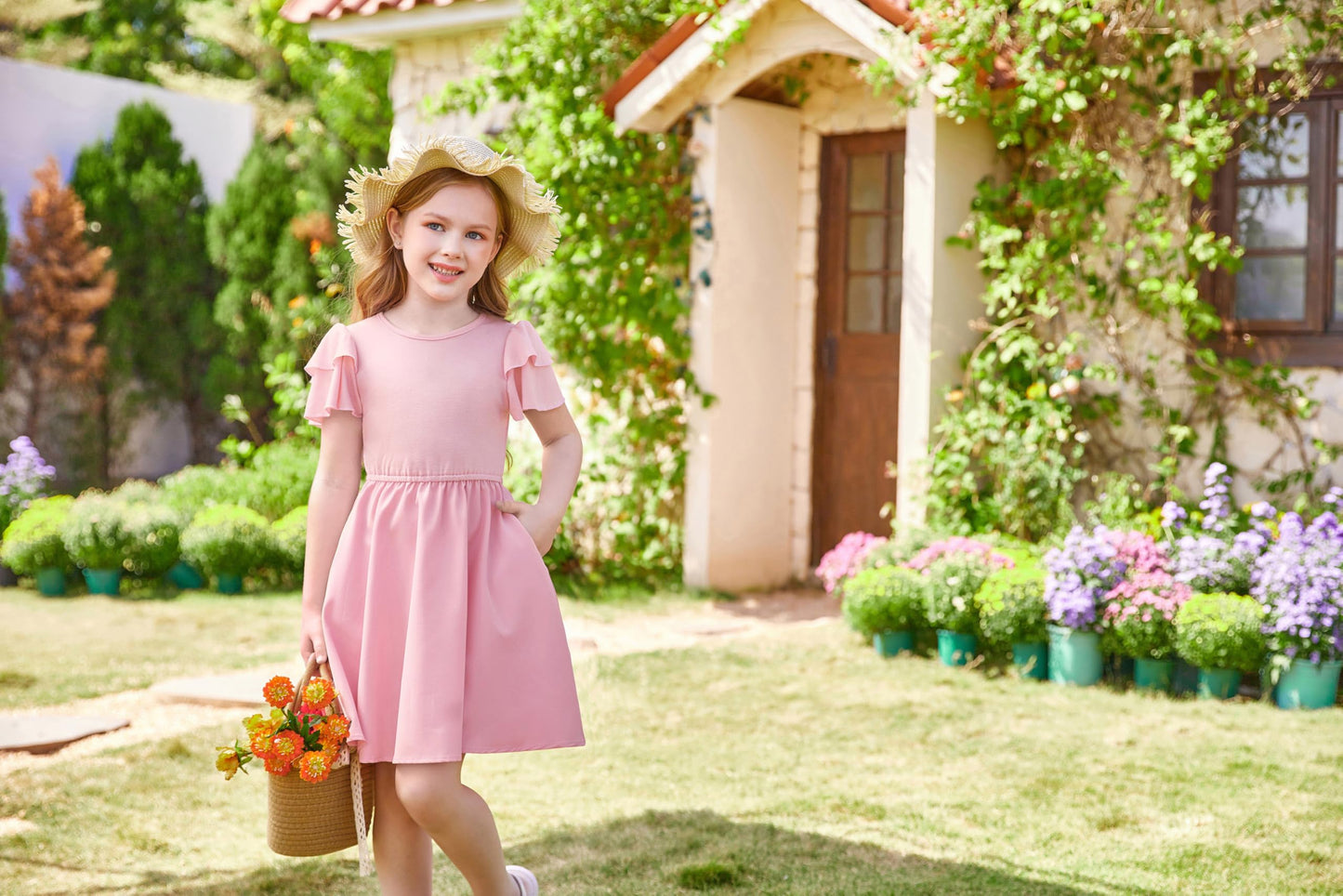 GRACE KARIN Girls Summer Dress Ruffle Short Sleeve Casual A-Line Princess Dress with Pockets Wedding Flower Girl Dresses
