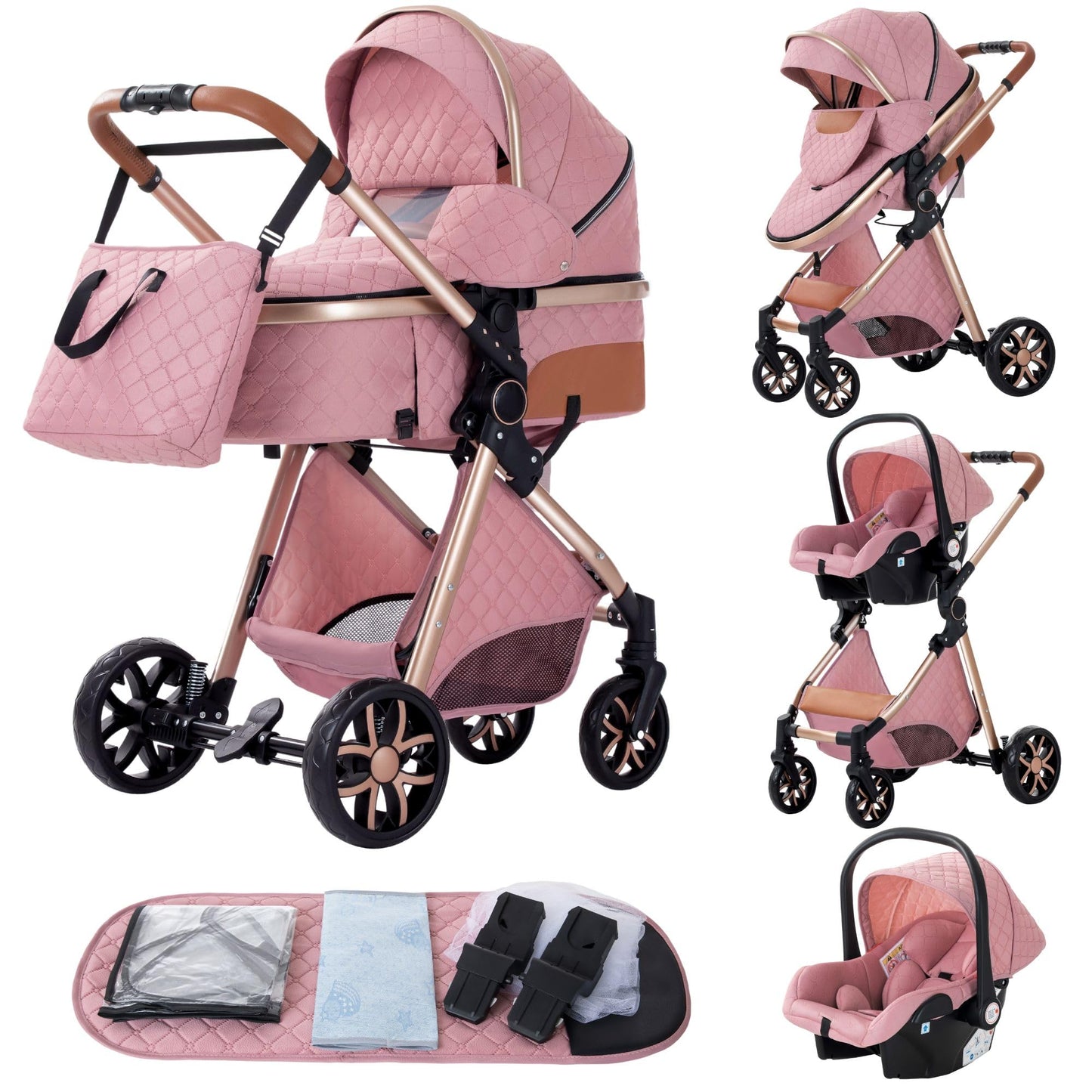 YAZOCO Kinderwagen 3 in 1 Buggy Babybett Komplett Set mit einem Klick Zusammenklappbarer Kinderwagen, KombiKinderwagen Aluminiumrahmen für Neugeborene Sitzzubehör - Meloni2
