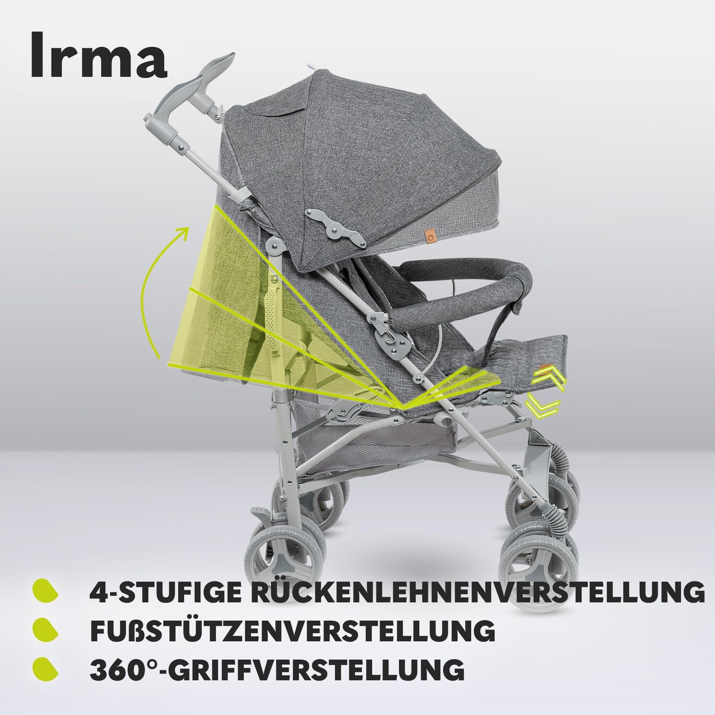 Lionelo Irma Pushchair up to 15 kg, Lightweight Modern Pushchair with Reclining Function, Foldable, Large 6 Inch Wheels, Large Basket, Bag, Mosquito Net