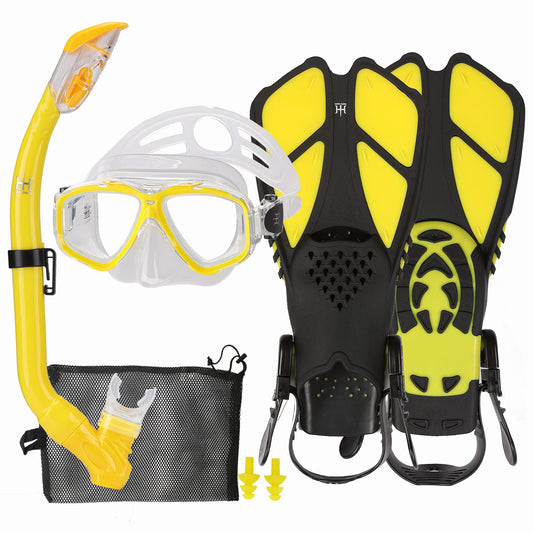 HH HHAO SPORT Children's snorkel set with fins, 180° panorama wide view diving goggles children, adjustable flippers, high-quality diving mask and dry top snorkel
