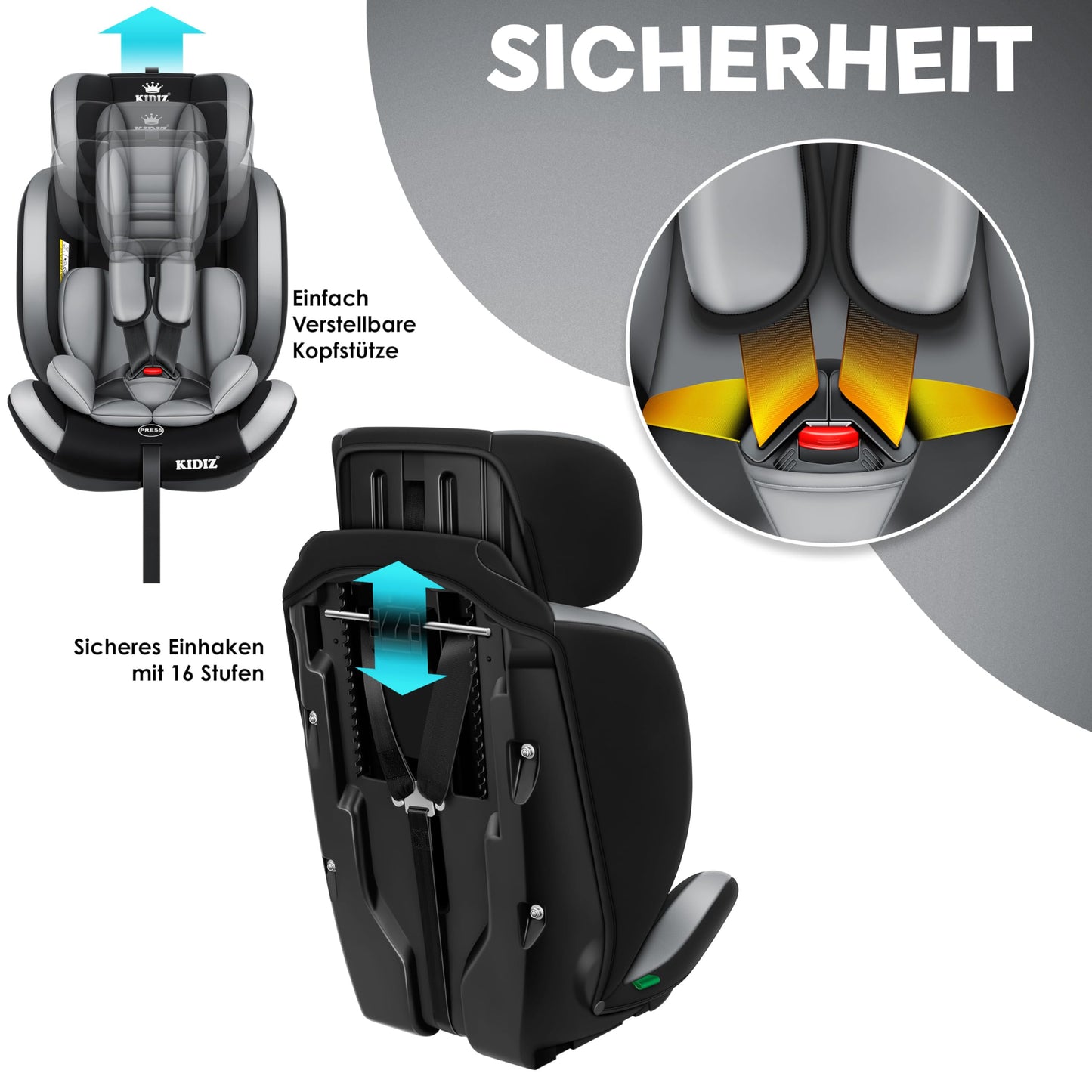 KIDIZ® Autokindersitz Kinderautositz Gruppe 1+2+3 9-36 kg 5-Punkt-Sicherheitsgurt, Autositz, Kindersitz, Einstellbare Kopfstütze, Mitwachsende Sitzerhöhung 1-12 Jahre, Stabil und Sicher - Meloni2
