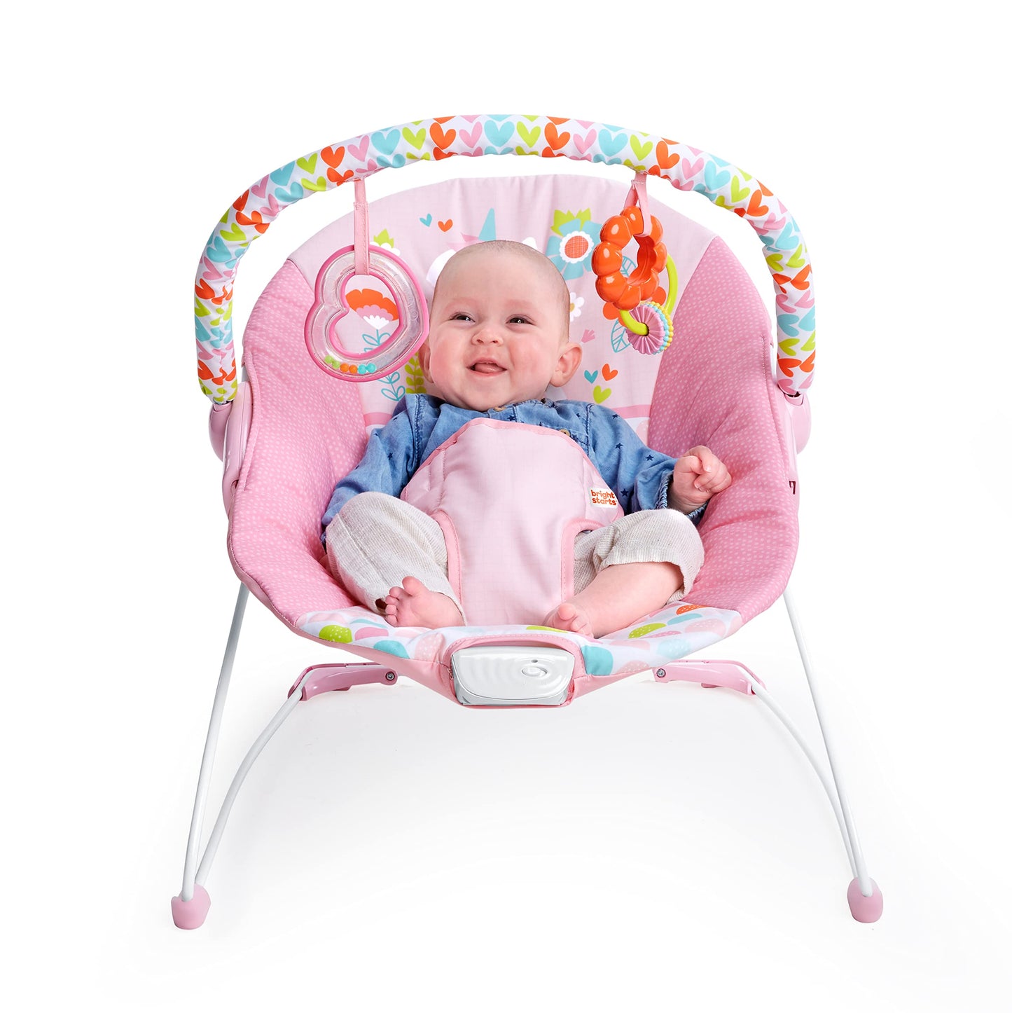 Bright Starts, Babywippe Babyschaukel Safari Fun mit Beruhigenden Vibrationen, Spielbogen mit 2 Spielzeugen, 3-Punkte-Gurt Sitz, Maschinenwaschbares Sitzpolster, ab der Geburt bis 9kg