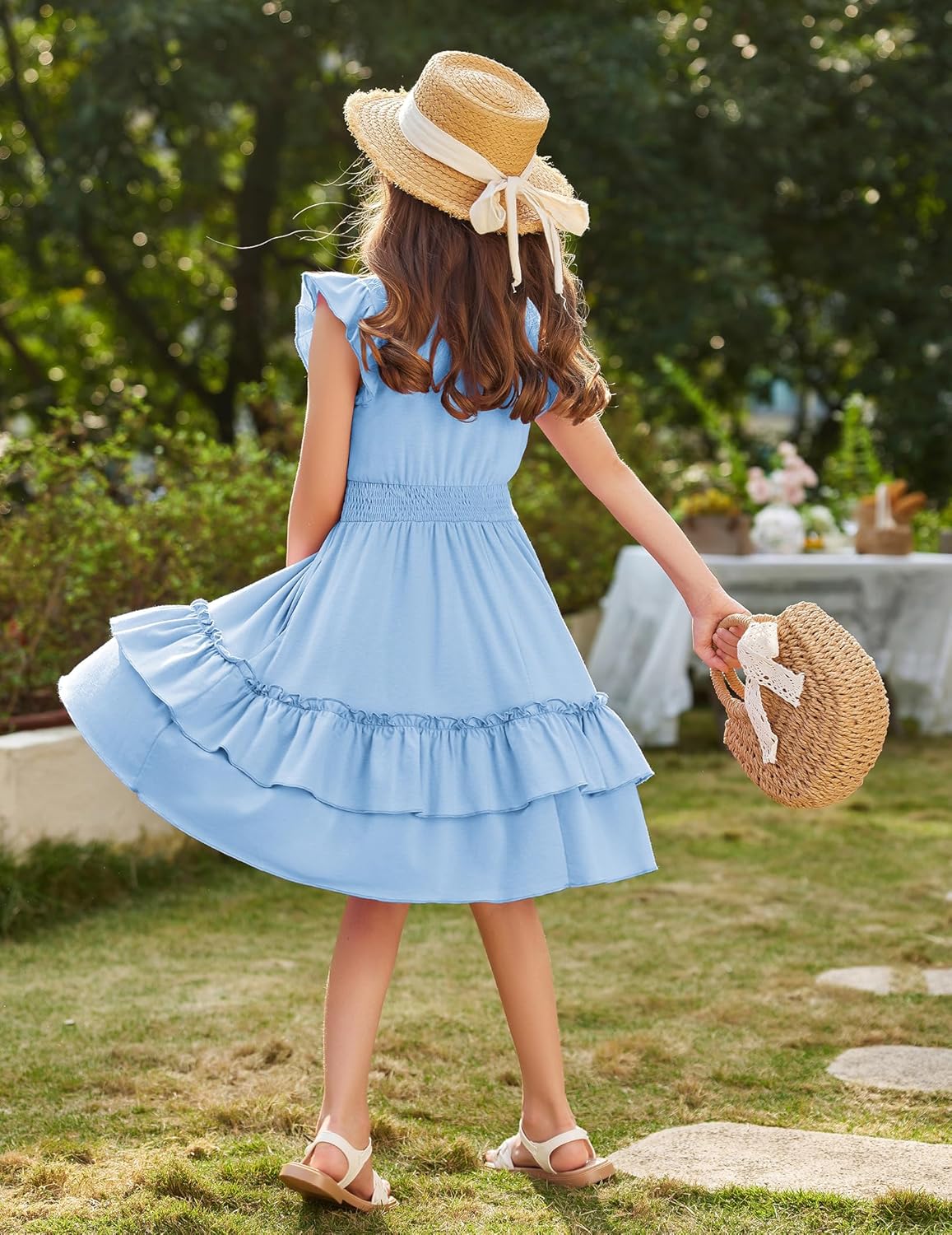 Arshiner Girls Dresses Flutter Sleeves Kids Summer Cotton Formal Dress A-Line Waist Lace-up Casual Dress Swing Dress Elegant Sleeveless Dress for Girls 5-13 Years