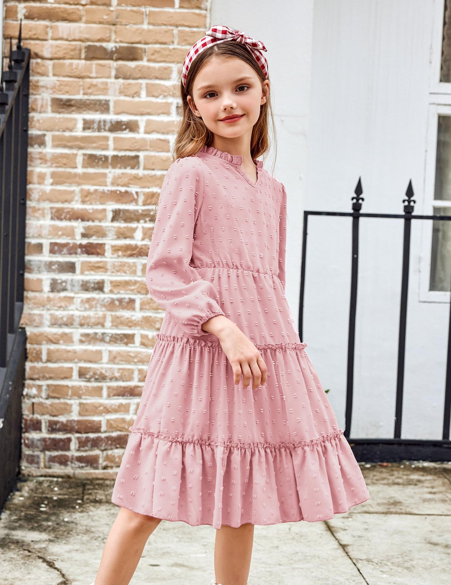 Arshiner Dress Girls Festive Flounce V-Neck Long Sleeve Dress Swiss Dot Chiffon Dress Children Tiered Dress A-Line Party Dress Wedding Princess Dress Swing Skater Dress 5-12 Years