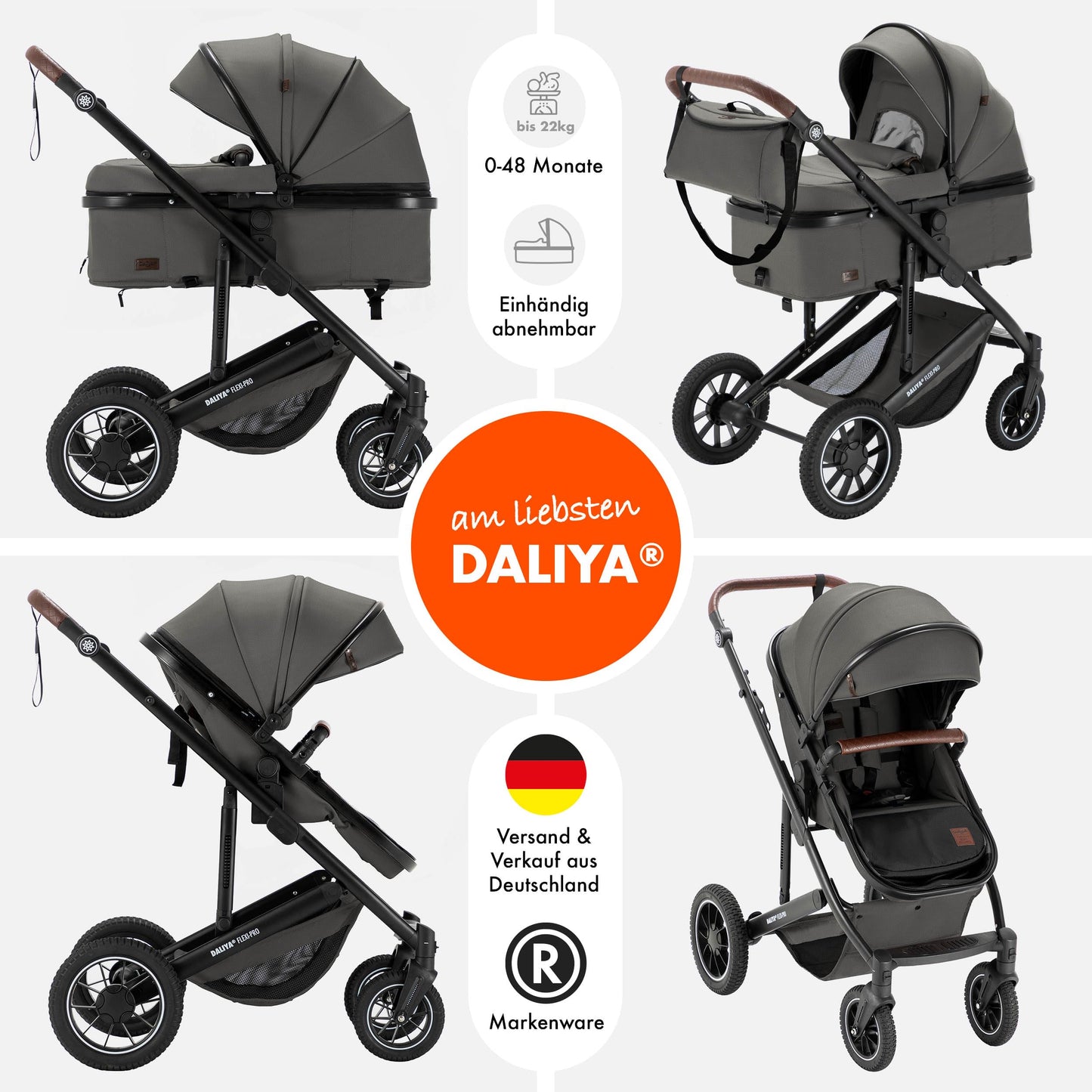 Daliya® FLEXI-PRO M 2in1 Kombikinderwagen & Buggy – XXL-Set, Reise-Kinderwagen mit Einhand-Abnahme, Wetterschutz, Sportsitz, Wickeltasche, Spieltisch, Regenschutz, dicke Matratze (Olivgrün)