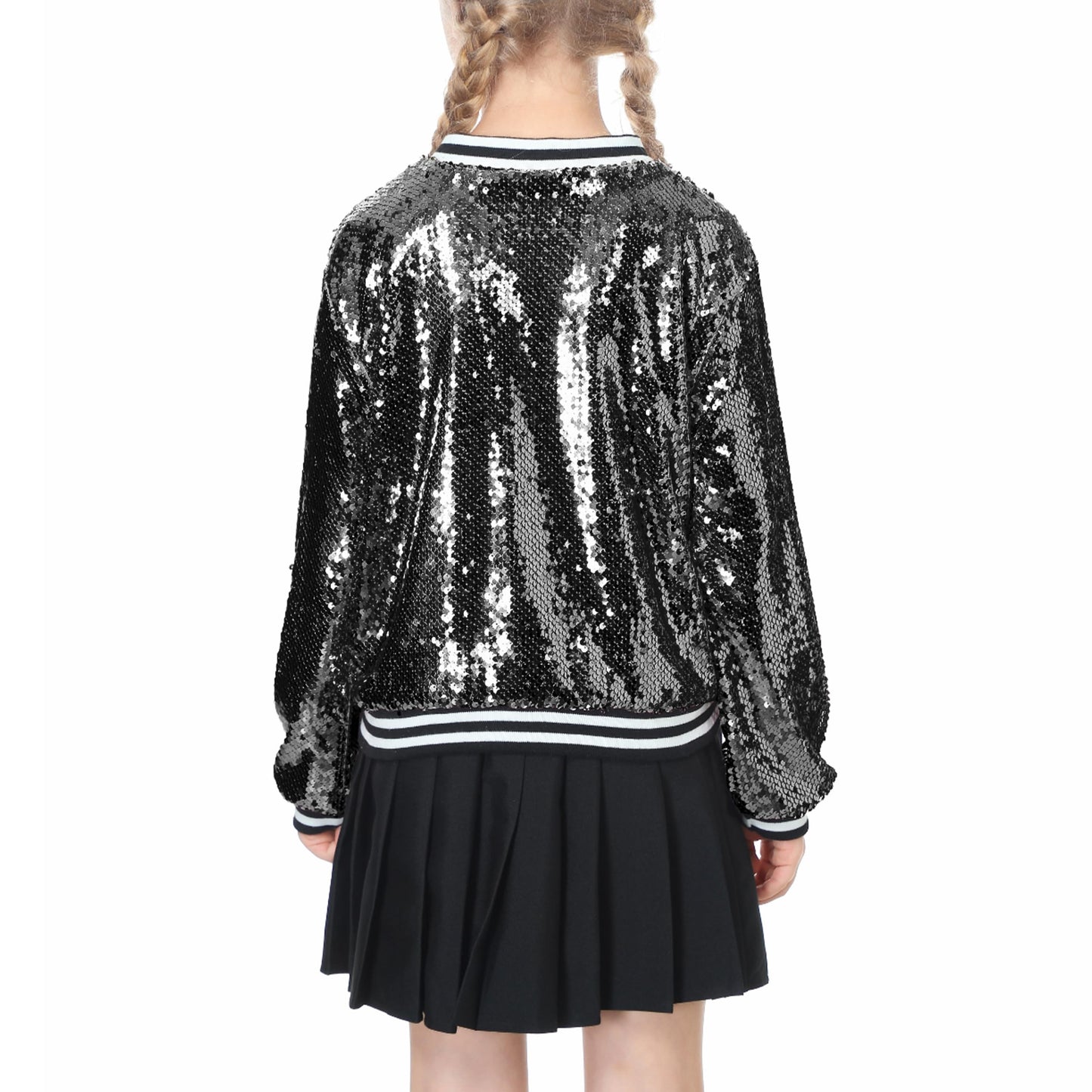 LOLANTA Girls Sequin Bomber Jacket with Pockets Zipper Long Sleeve Glitter Baseball Jackets for Kids 4-13 Years