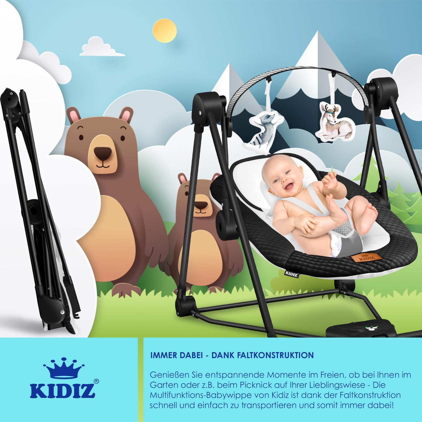 KIDIZ® Baby Rocker Baby Swing with 5 Speed Settings Foldable Baby Rocker Swing Baby High Chair with Play Arch Toys 5 Soothing Natural Sounds Newborn Anthracite
