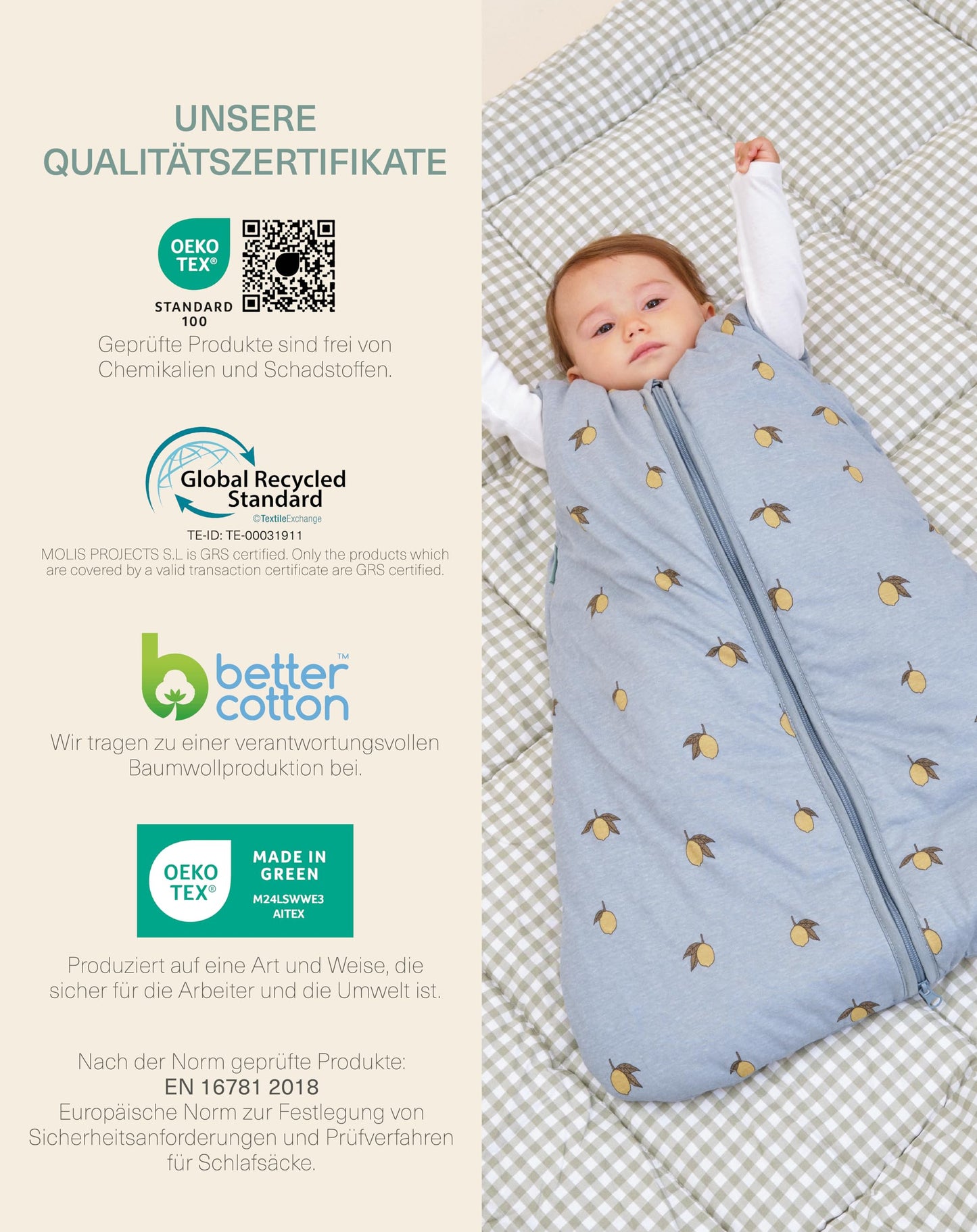 molis&co - Baby Sleeping Bag 2.5 TOG - All-Year Sleeping Bag - Baby Sleeping Bag Newborn - 100% Cotton (Oeko-Tex 100), Sleeveless Winter Sleeping Bag Padded - Premium Quality - Colima (70 cm)