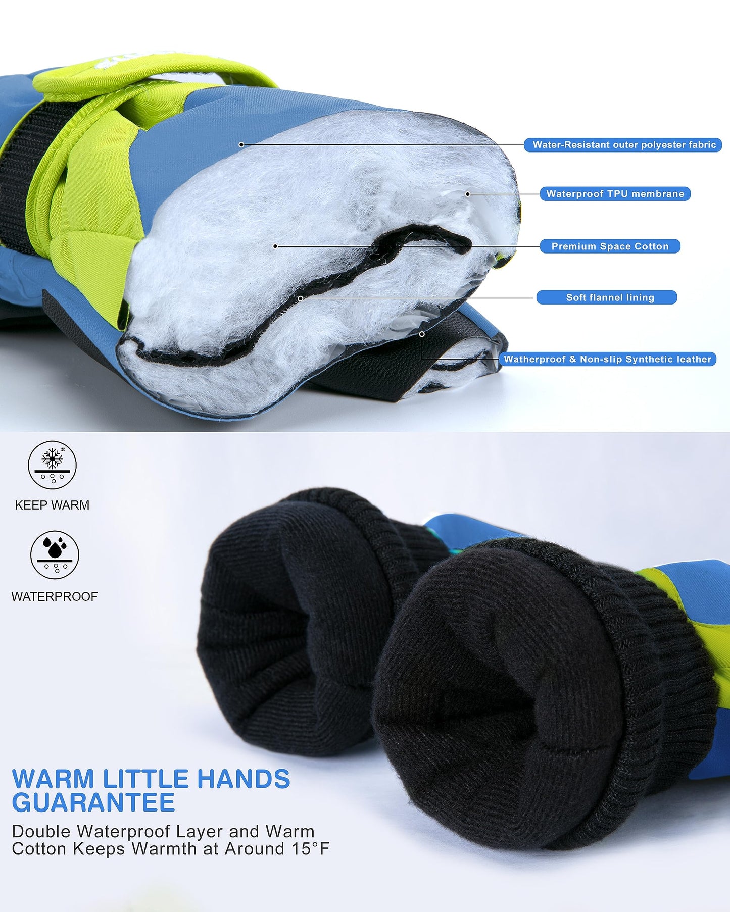 ThxToms Children's Ski Gloves, Winter Snow Ski Gloves, -15°C, Windproof, Waterproof, Warm, PU Thickened Cold Weather, Outdoor Sports, Snowboarding, Skiing, Bike, for Boys and Girls aged 3-13 Years Old