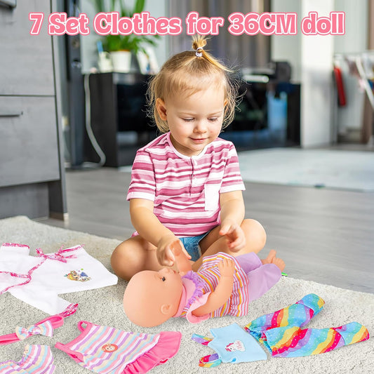 deAO Puppenkleidung Set für 36 cm Babypuppen, 14 Zoll Puppen Kleidung Outfit Zubehör Kleider, Hosen, Badeanzug, Geschenk für Rollenspiele ab 3 Jahre Mädchen(Puppe Nicht inklusive) | 7 Stück