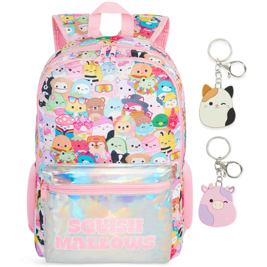 Rucksack Mädchen, Verstellbarer Reisetasche für Schule und Reise, Gepolsterte Schulrucksack mit Zwei Schlüsselanhänger, Geschenke für Kinder (Multi Squishmallows)