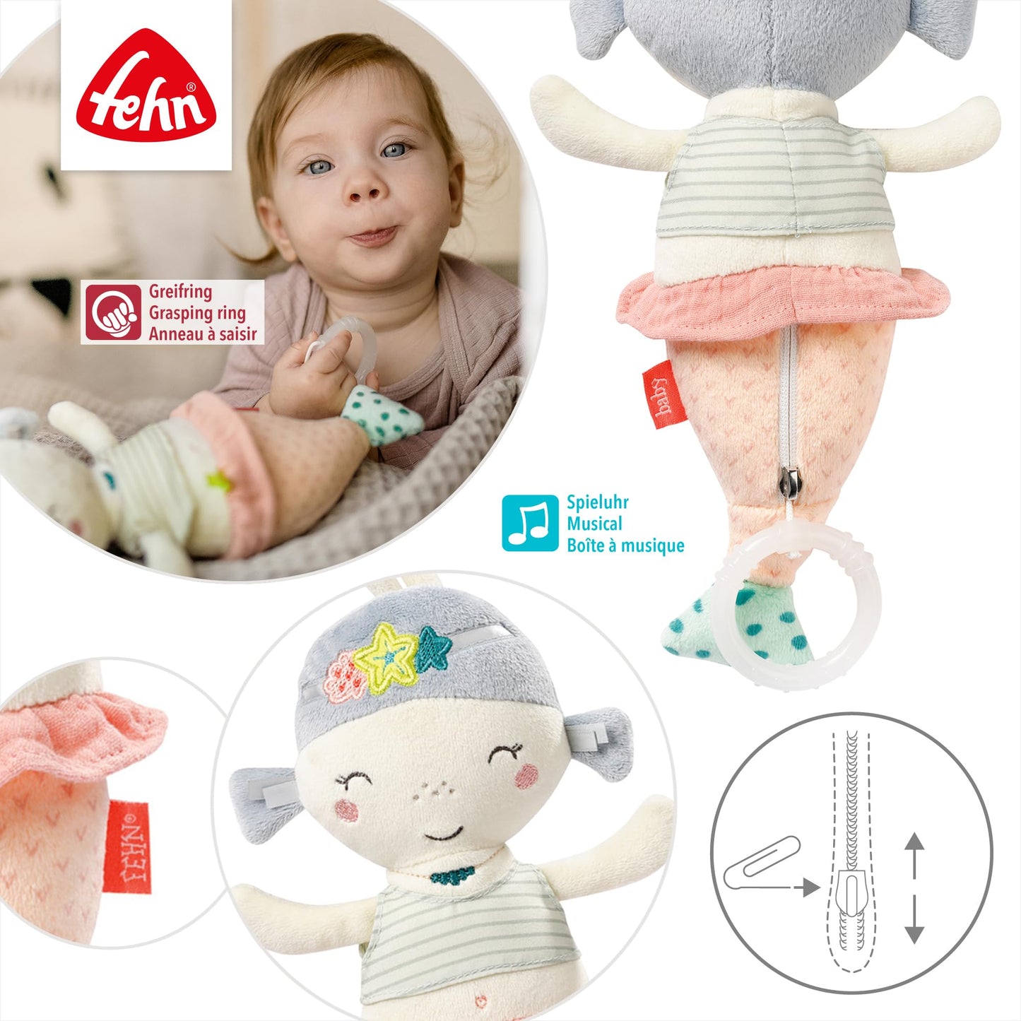 Fehn Spieluhr Baby Einschlafhilfe Schaf - Kuscheltier mit sanfter Einschlafhilfe Melodie "Guten Abend, gut´ Nacht" - Babyspielzeug für Unterwegs und Zuhause - Musikspielzeug für Babys und Kleinkinder