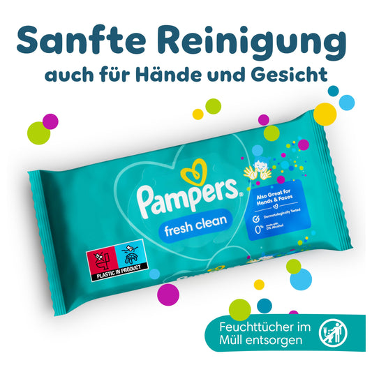Pampers Fresh Clean Feuchttücher 1 Packungen mit 52 Stück, 624 Feuchttücher, milder Duft, auch für Hände und Gesicht geeignet