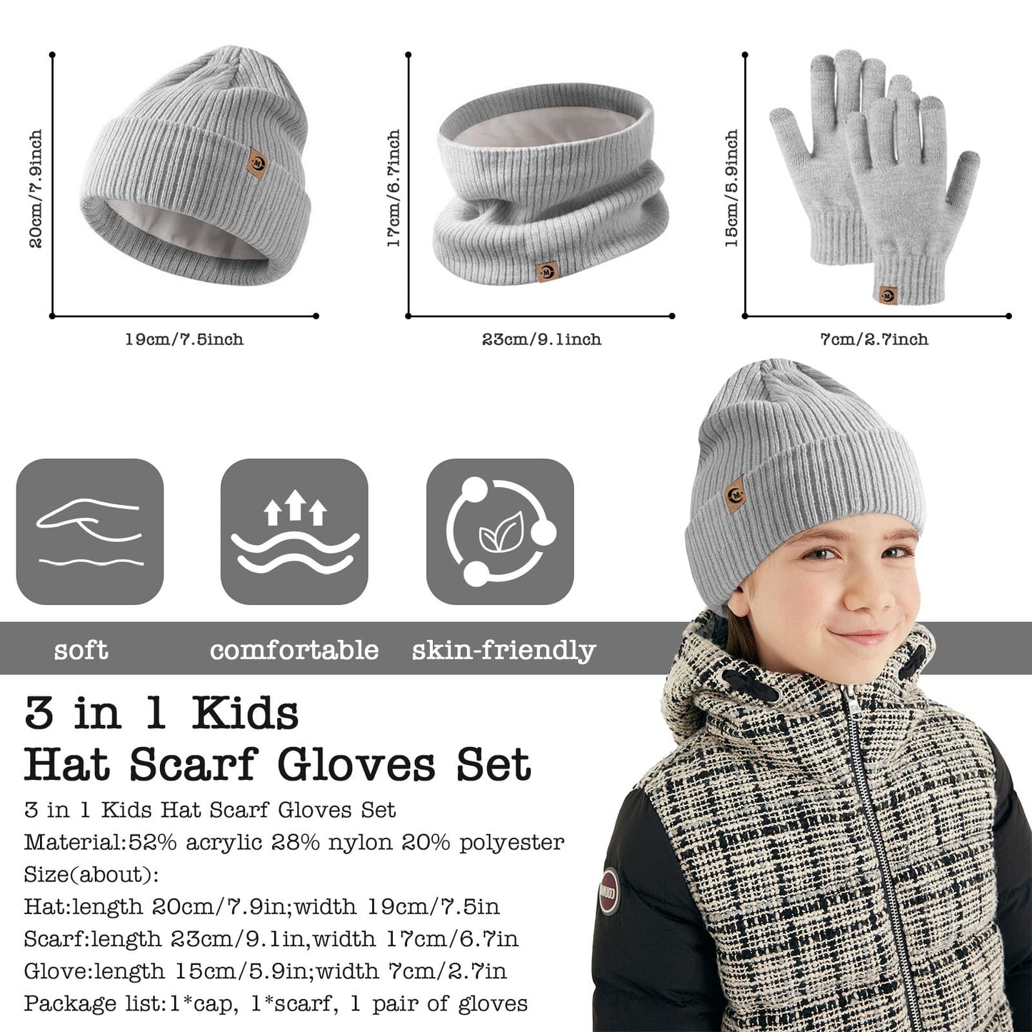 MARUKO Children's Winter Hat Scarf Gloves Set 3 in 1, Toddler Knitted Beanie Neck Warmer, Thick Fleece Thermal Knit Hat Scarf Gloves Set for Children Aged 2-8