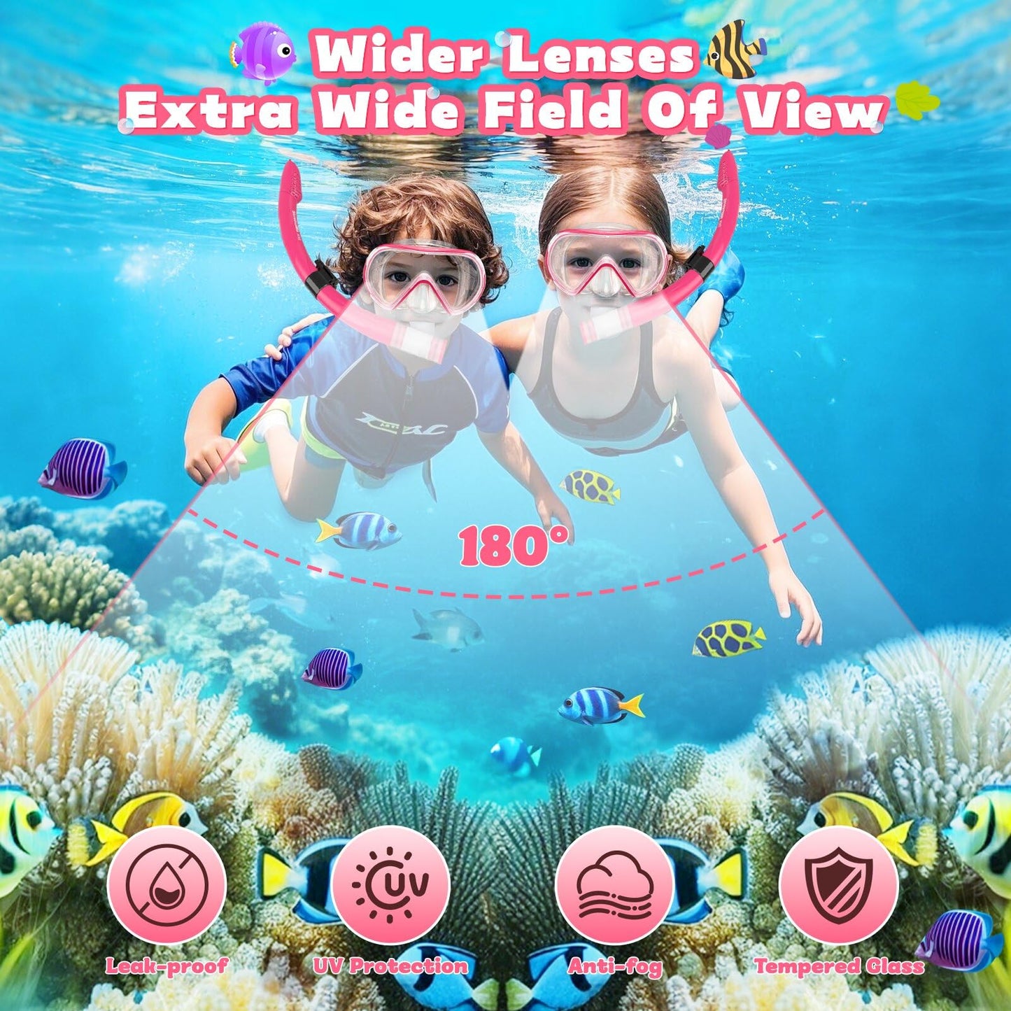 SkrekuiMa Taucherbrille Kinder | Schwimmbrille Kinder Schnorchelmaske Anti-Fog Anti-Leck | Tauchmaske Kinder 180°Panorama HD Tempered Glas für Kinder 4-12 Jahre Jungen Mädchen