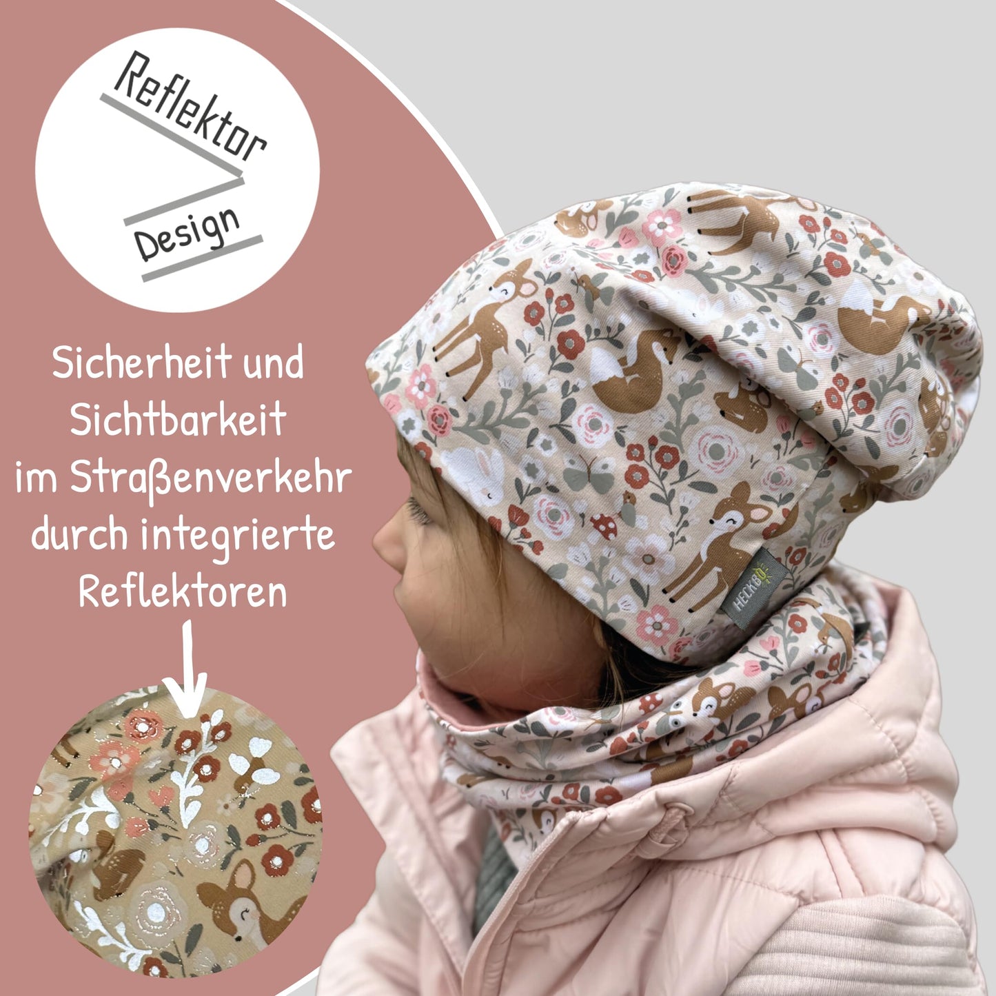 Heckbo 360° Reflector Children's Hat & Loop Scarf Set, Many Designs, 2–8 Years, 95% Cotton, Soft & Easy-Care Stretch Material, for Boys, Girls, Beanie for Spring, Summer, Autumn, Winter