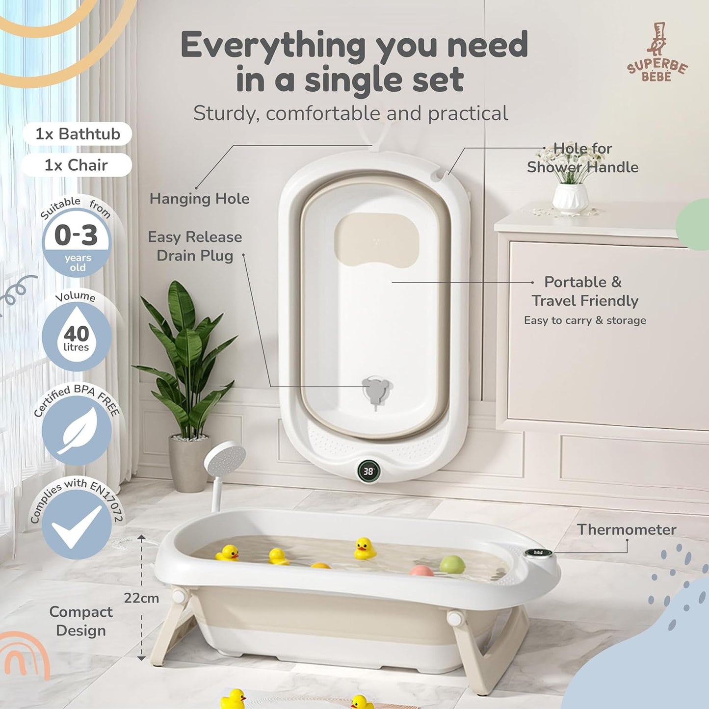 Faltbar Baby Badewanne Mit Rutschfestem Badewannensitz - Babywanne Xxl Mit Badethermometer - Von Der Geburt Bis 3 Jahre - Baby Bathtub - Babygeschenk - Geburtsgeschenke Für Mädchen & Jungen